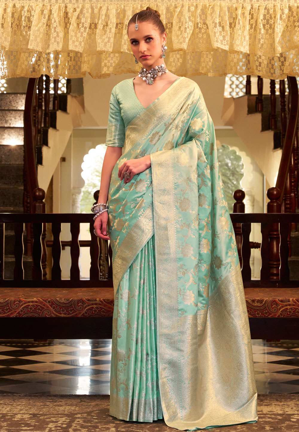 Sea Green Satin Silk Saree With Blouse 309097