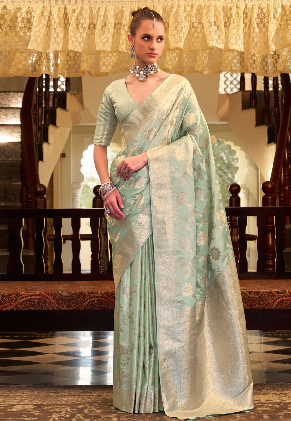Sea Green Satin Silk Saree With Blouse 309100