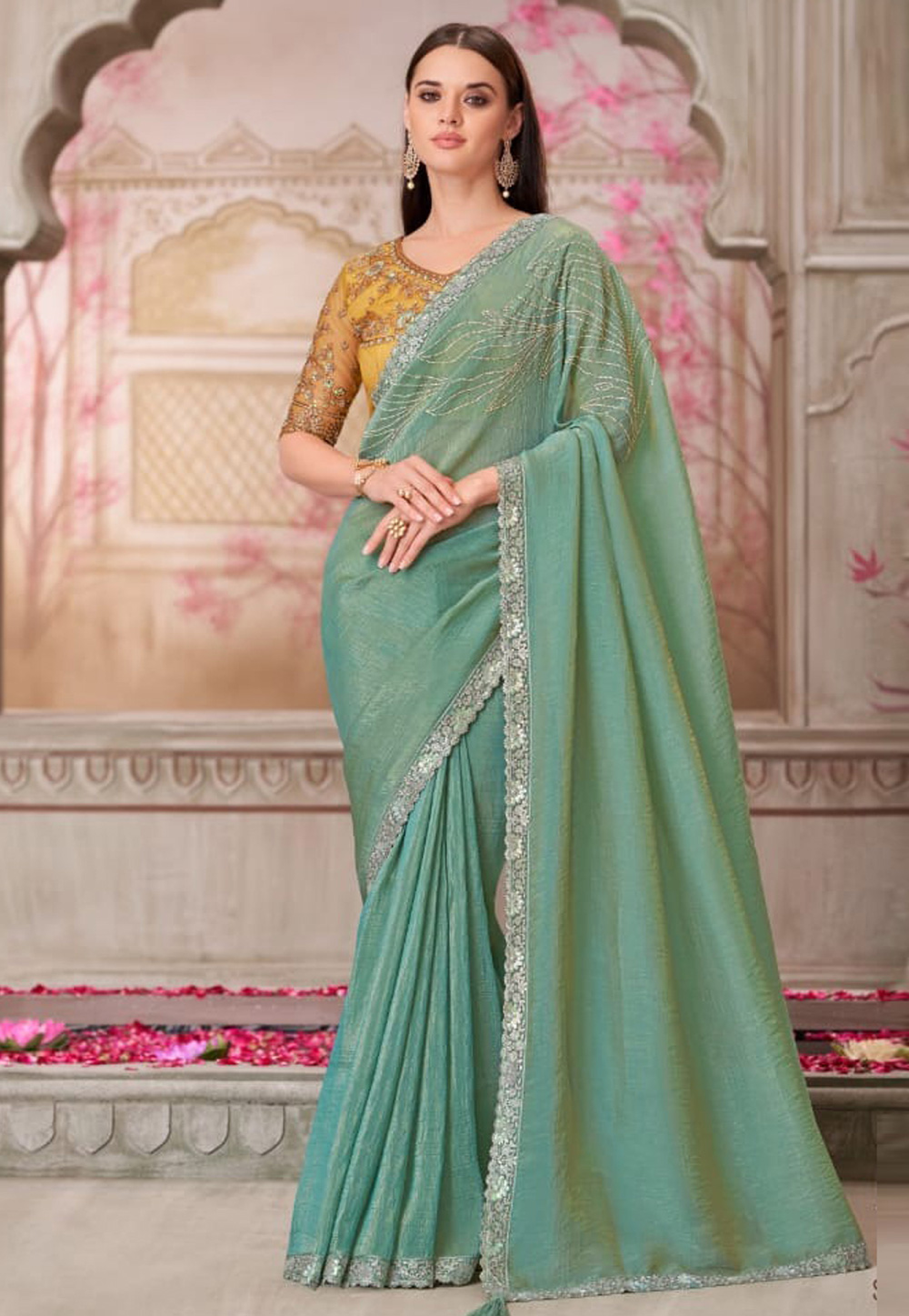 Sea Green Satin Silk Saree With Blouse 308805