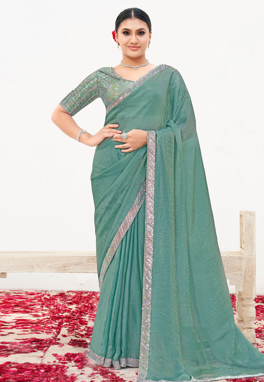 Sea Green Satin Silk Saree With Blouse 309427