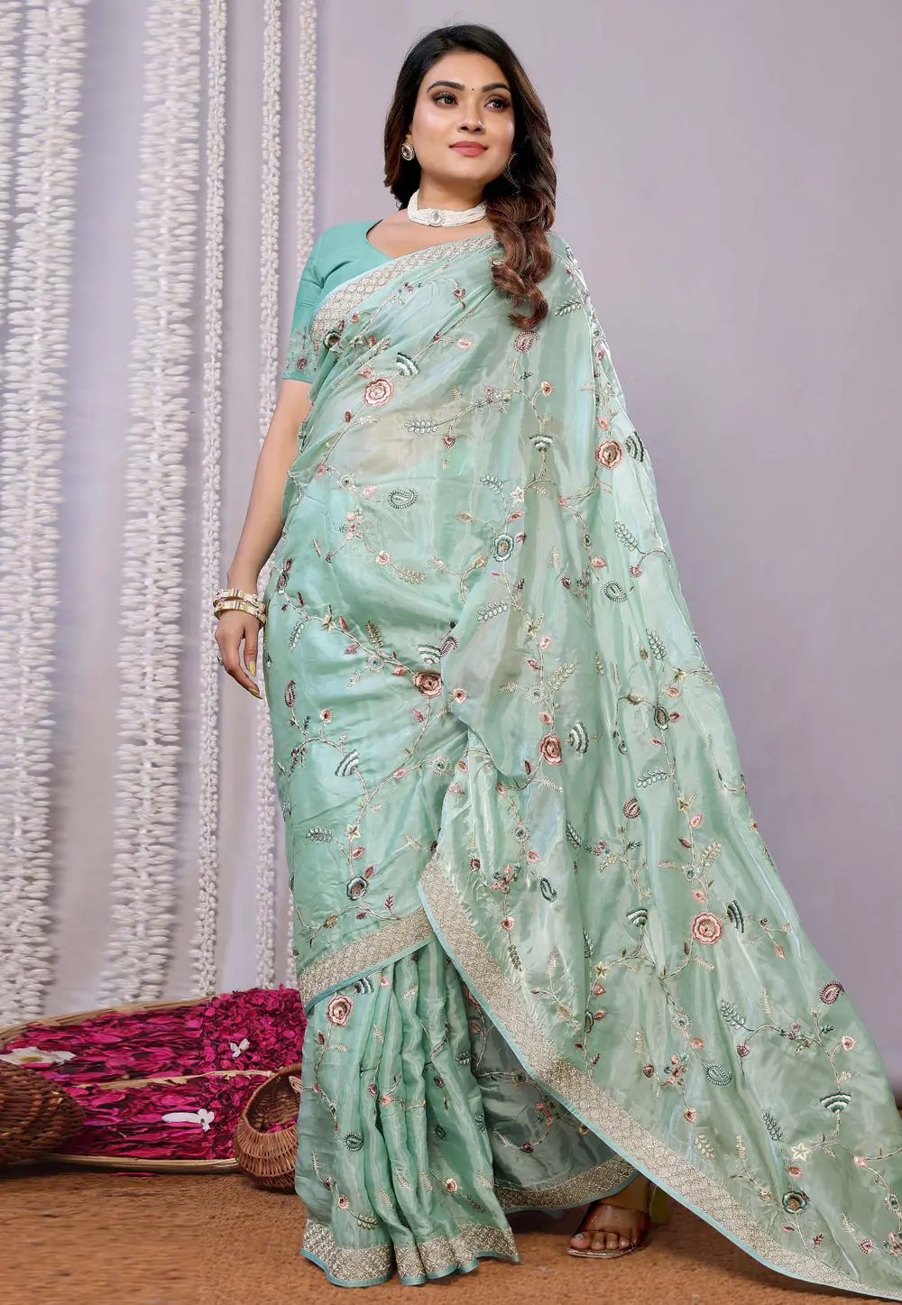 Sea Green Satin Silk Saree With Blouse 300578