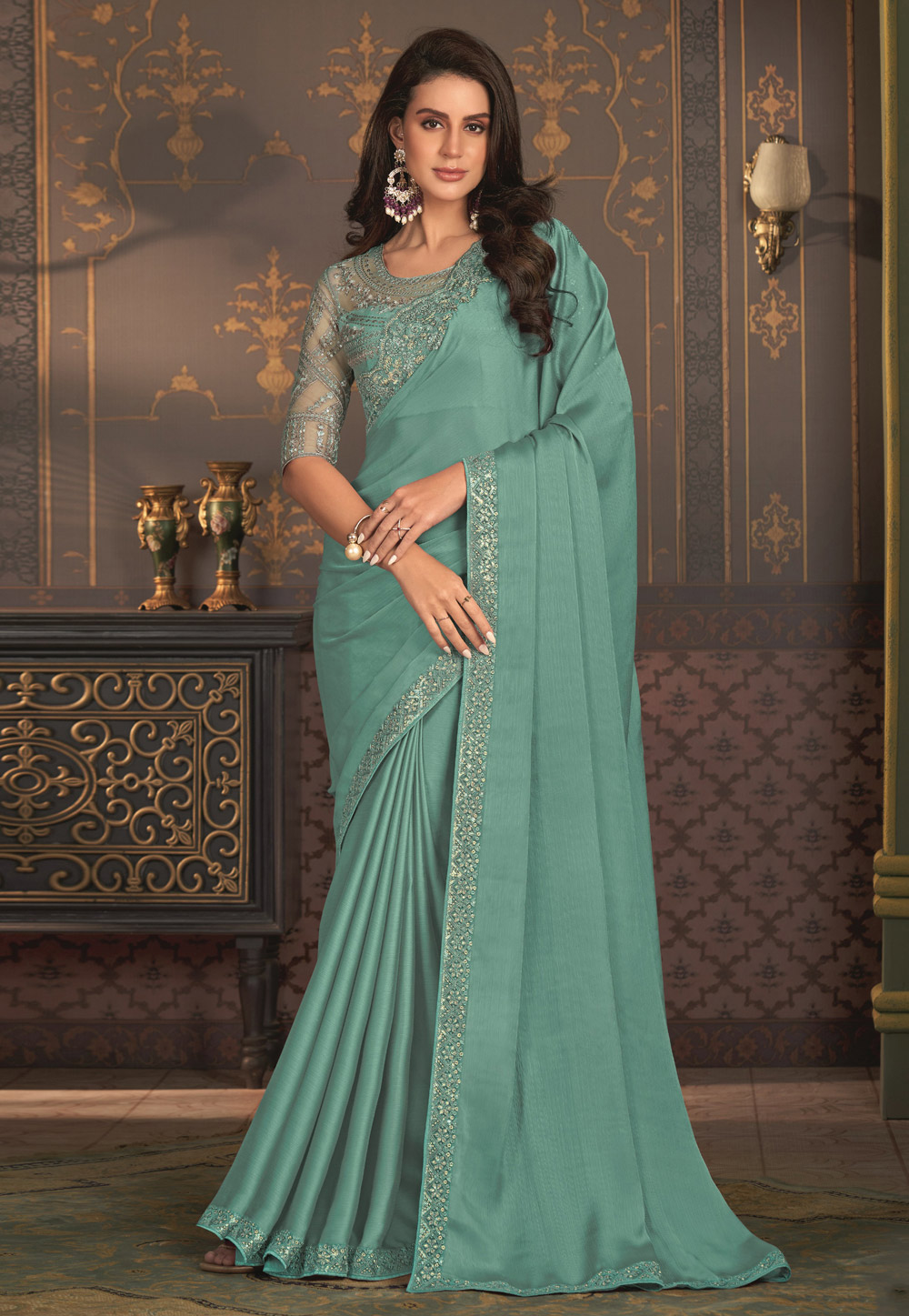 Sea Green Satin Silk Saree With Blouse 281136