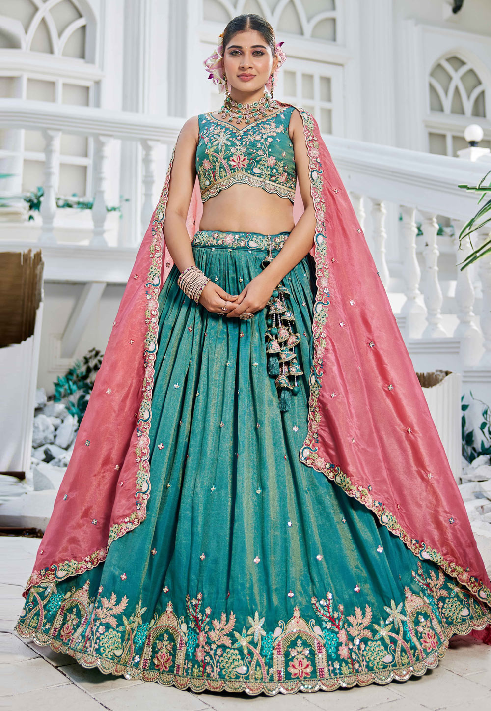 Sea Green Satin Wedding Lehenga Choli 311146