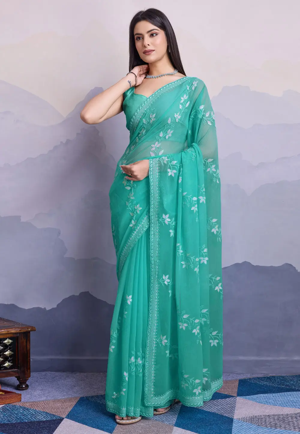 Sea Green Shimmer Chiffon Saree With Blouse 295675