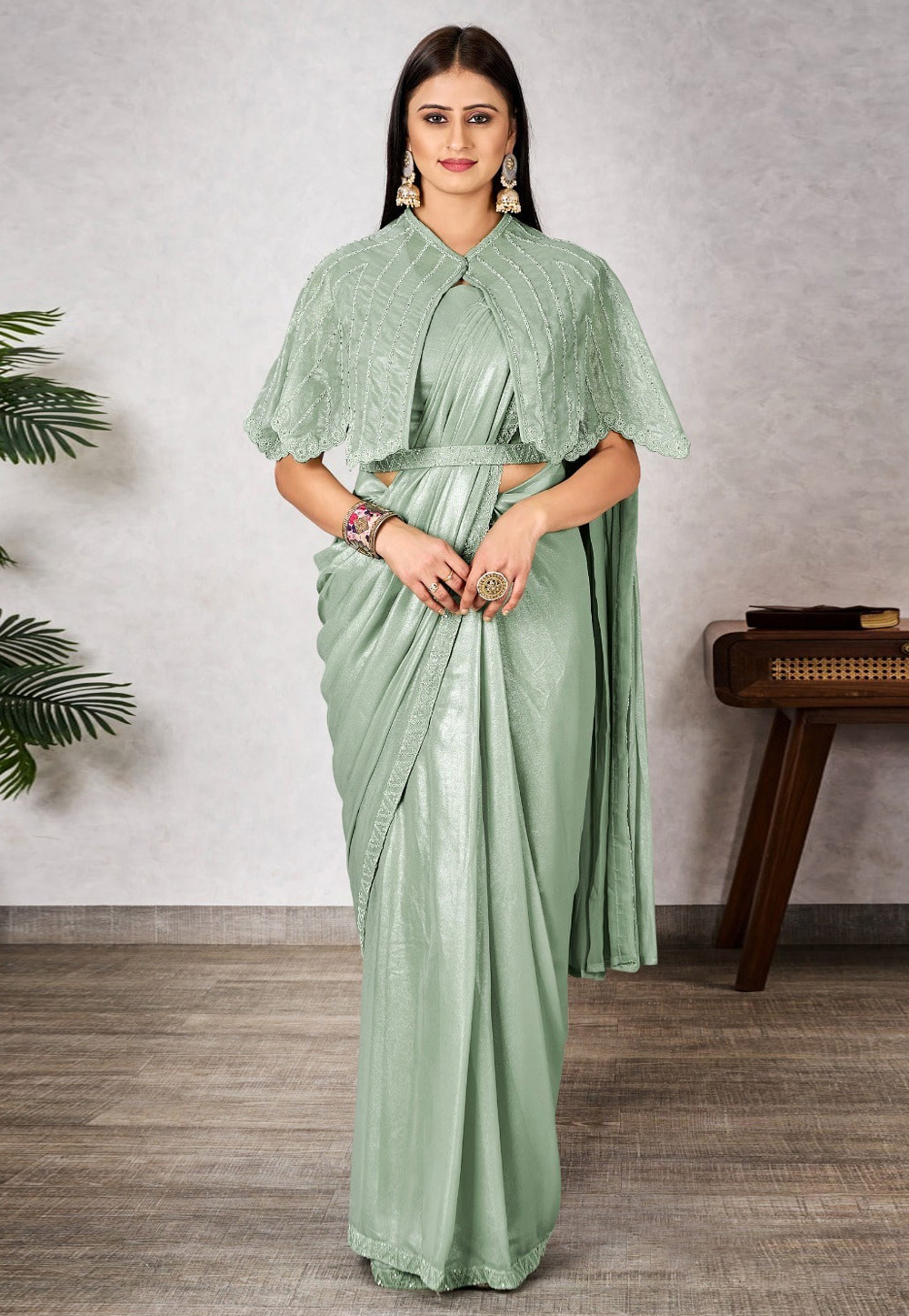 Sea Green Shimmer Georgette Designer Saree 309415
