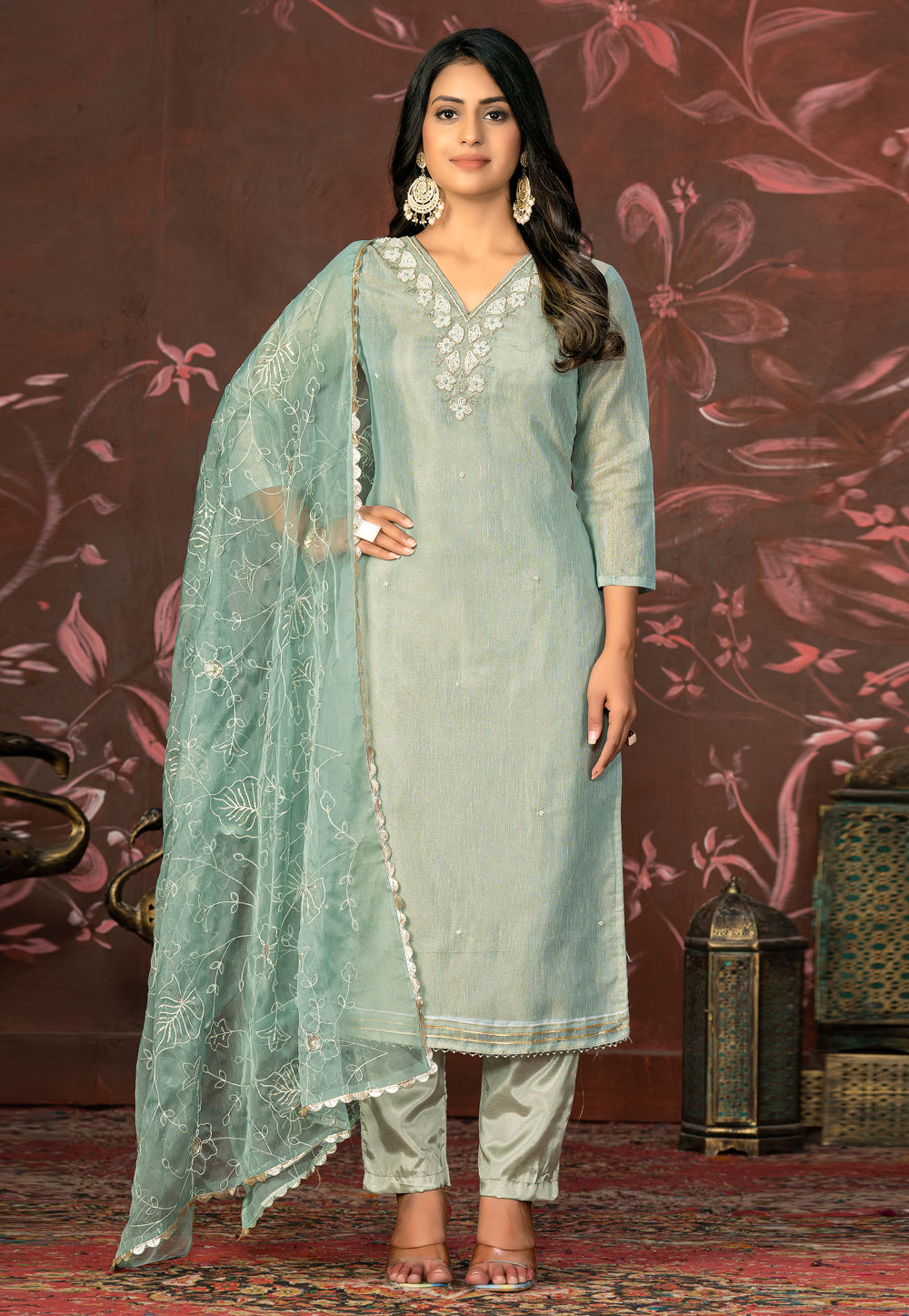 Sea Green Shimmer Pant Style Suit 281243