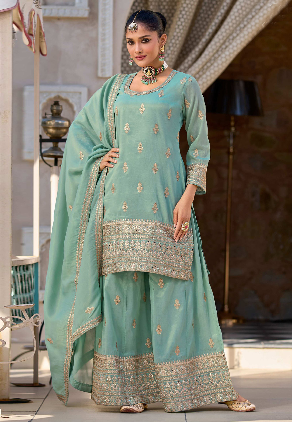 Sea Green Shimmer Readymade Palazzo Suit 309607