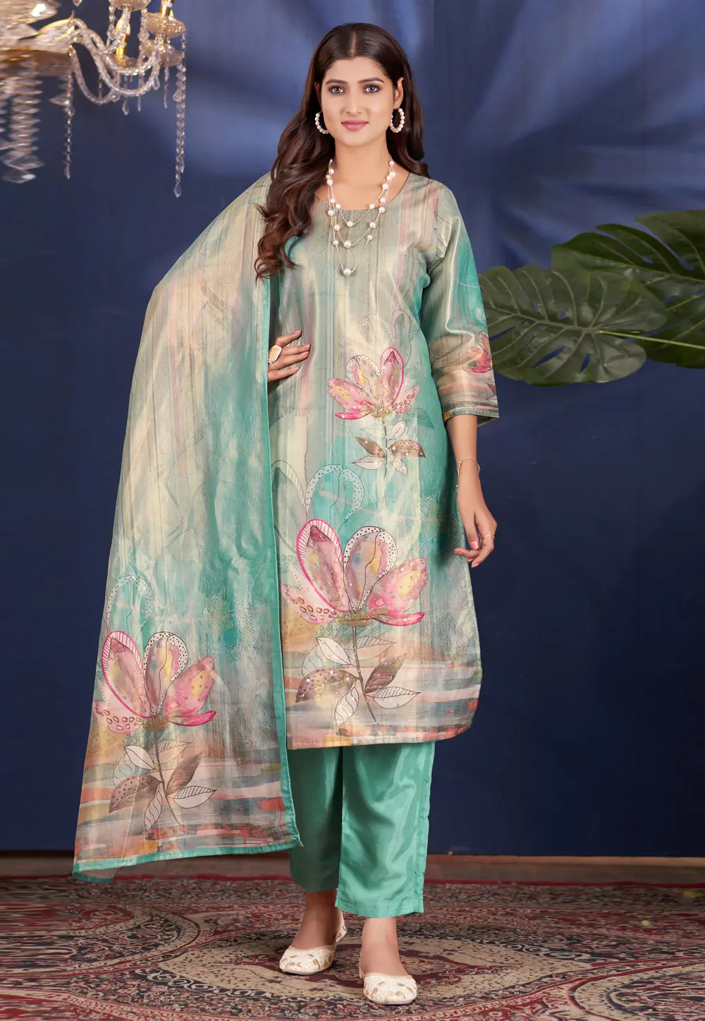 Sea Green Shimmer Readymade Pant Style Suit 299101