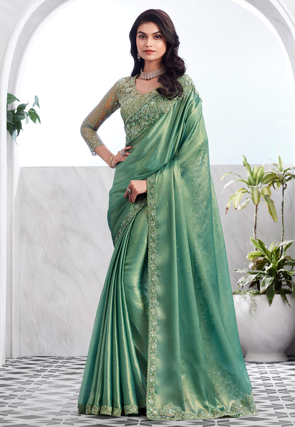 Sea Green Shimmer Saree With Blouse 283832