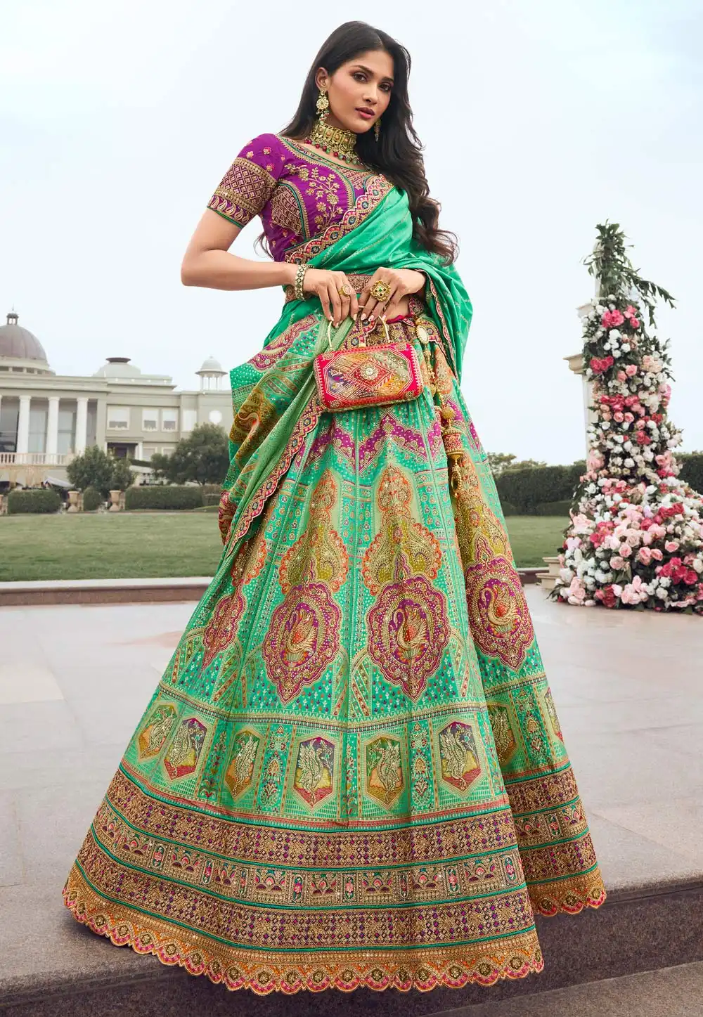 Sea Green Silk Circular Lehenga Choli 293371