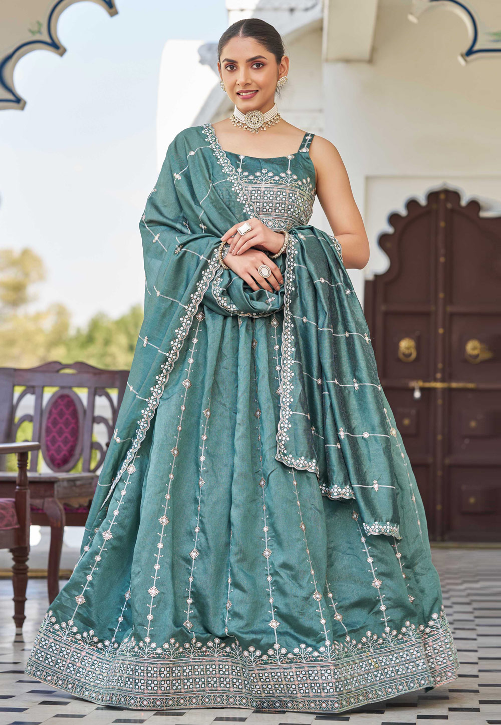 Sea Green Silk Circular Lehenga Choli 310490