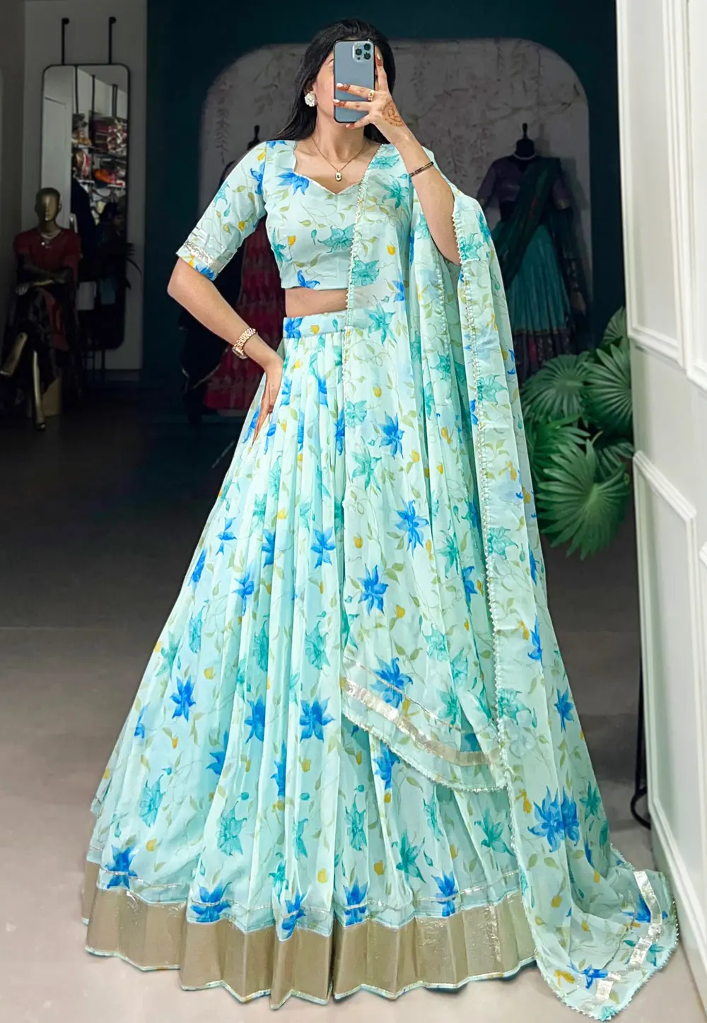 Sea Green Silk Floral Lehenga choli 303670