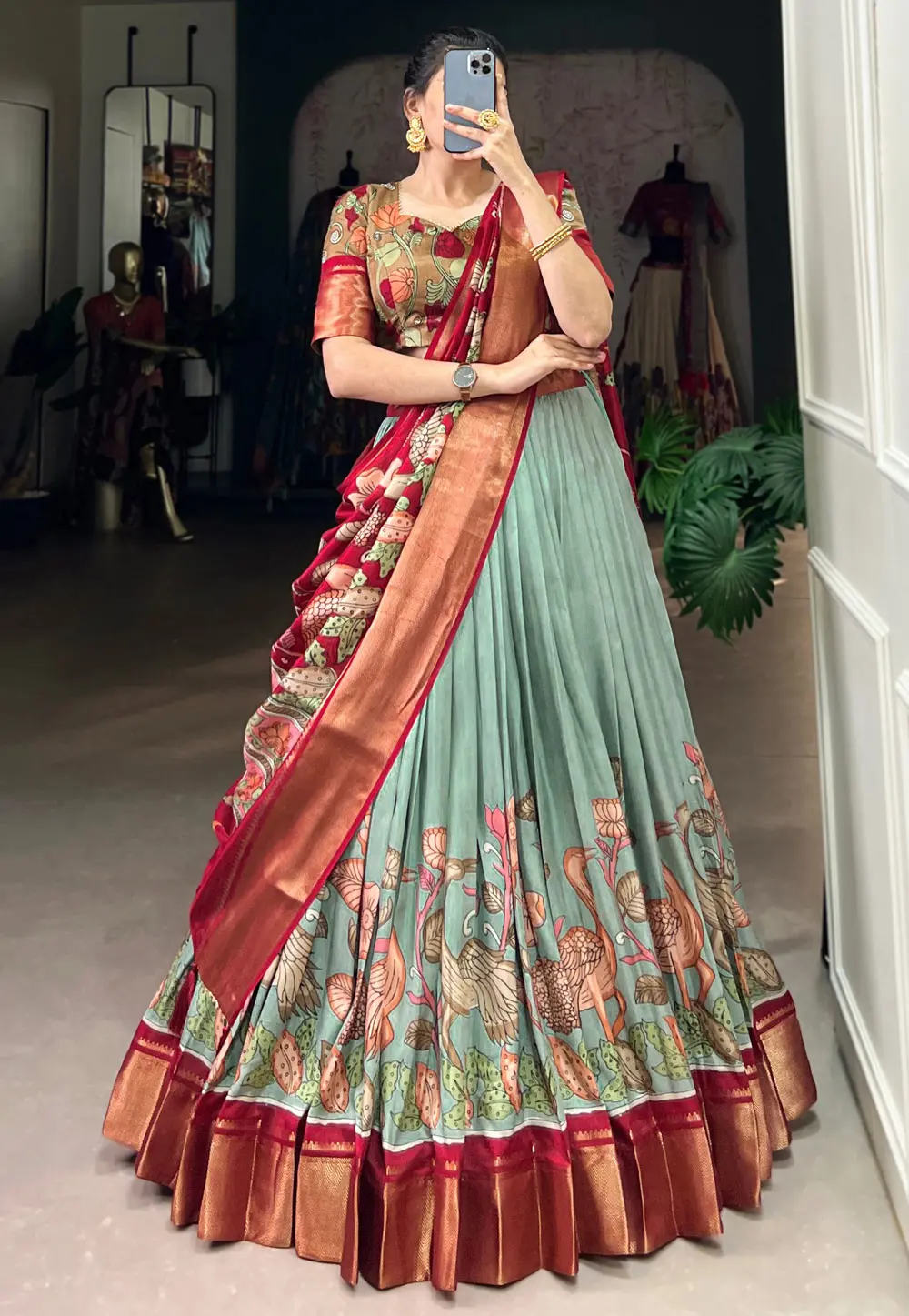 Sea Green Silk Floral Lehenga choli 301584