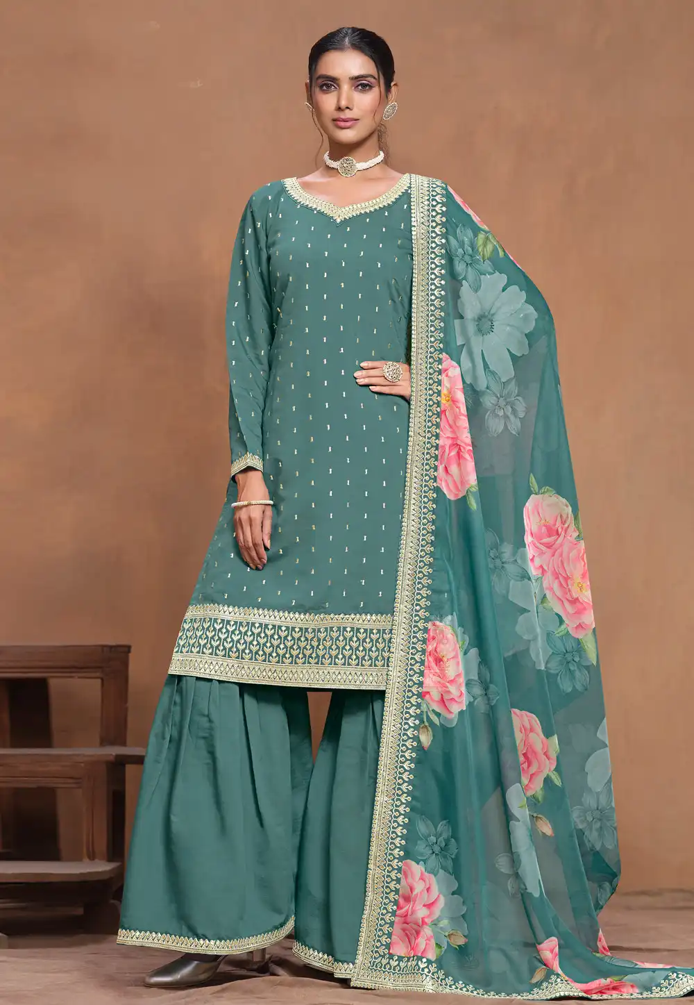 Sea Green Silk Gharara Suit 293189