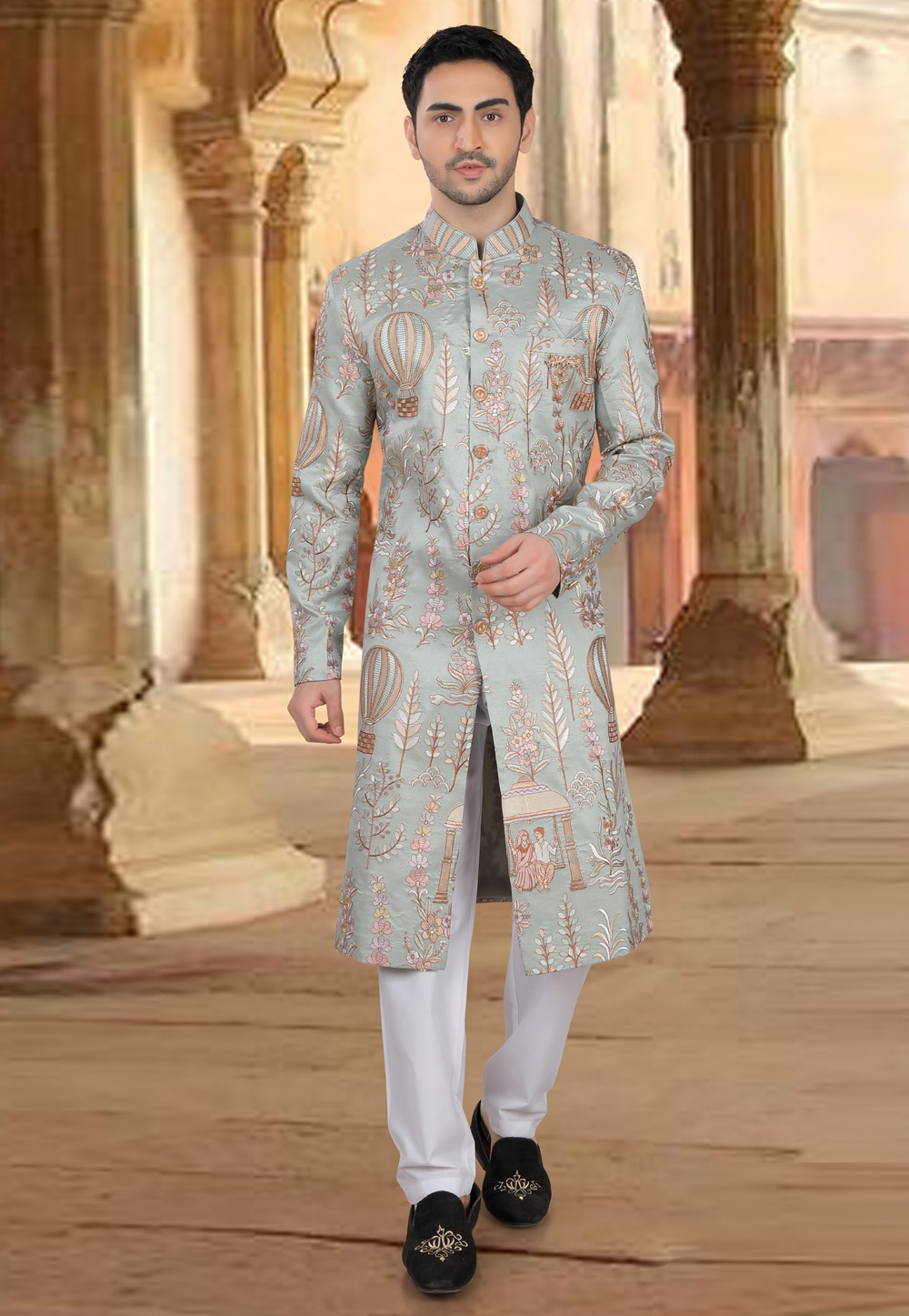 Sea Green Silk Indo Western Sherwani 309088