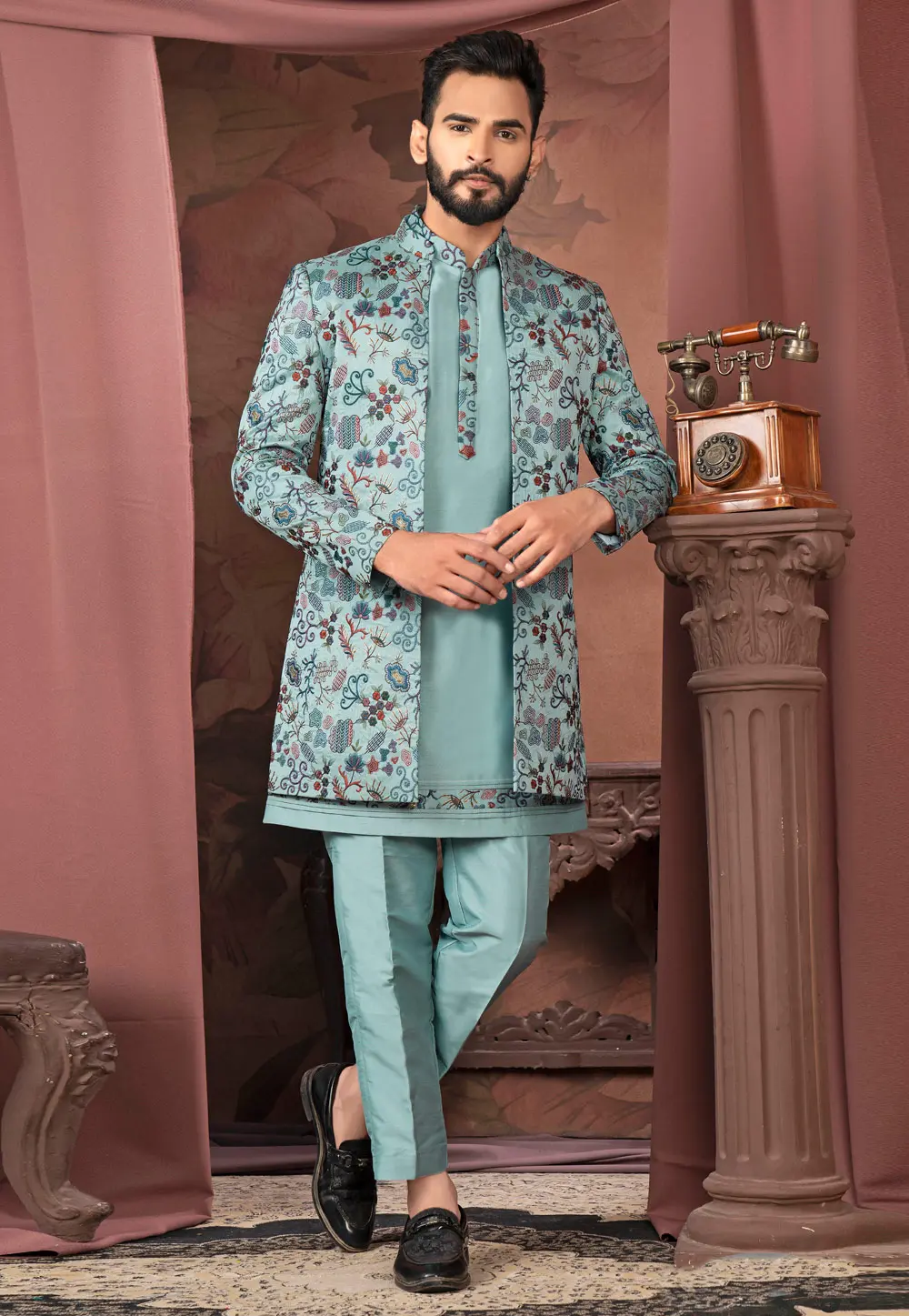 Sea Green Silk Indo Western Suit 302431