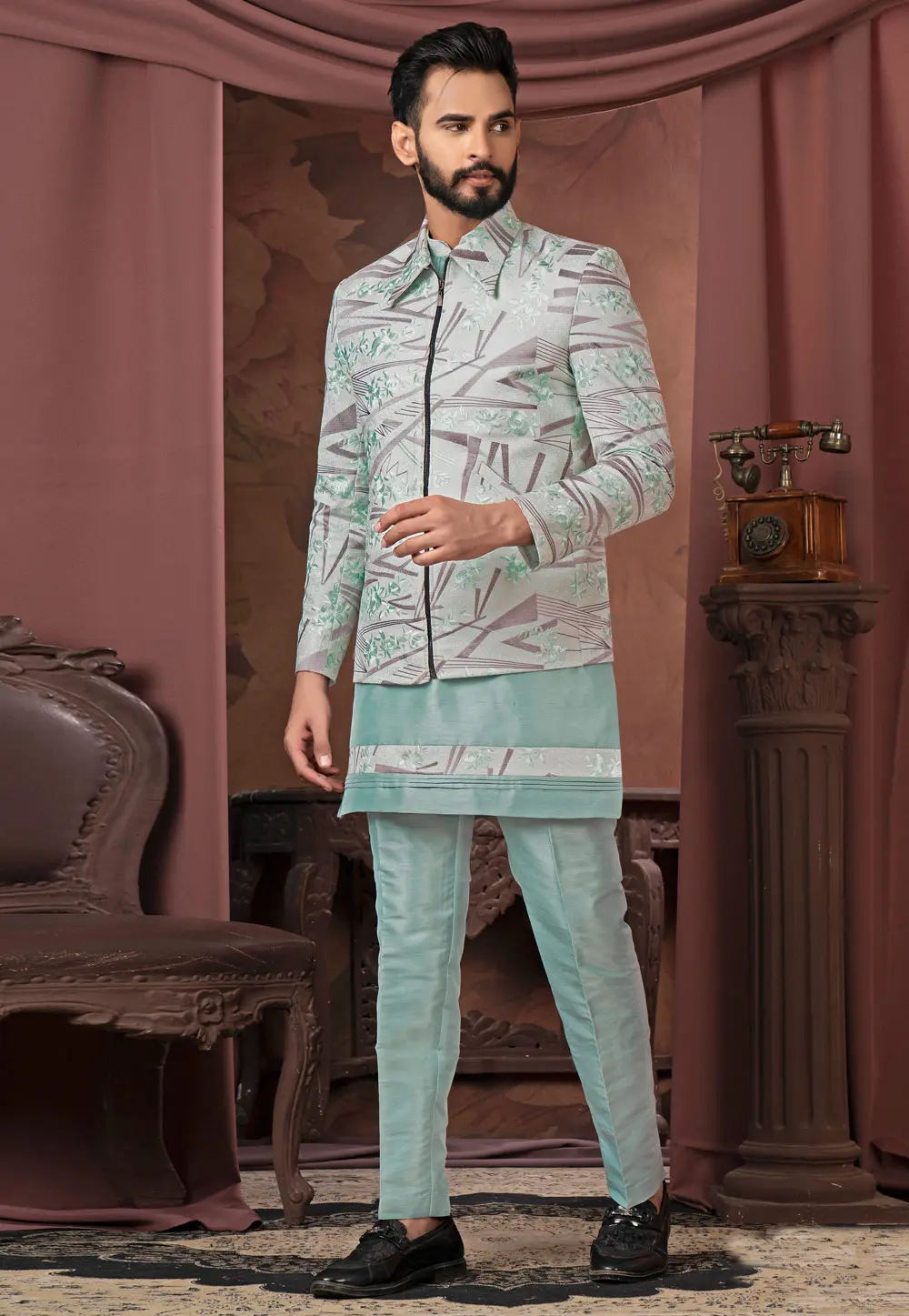 Sea Green Silk Indo Western Suit 302451