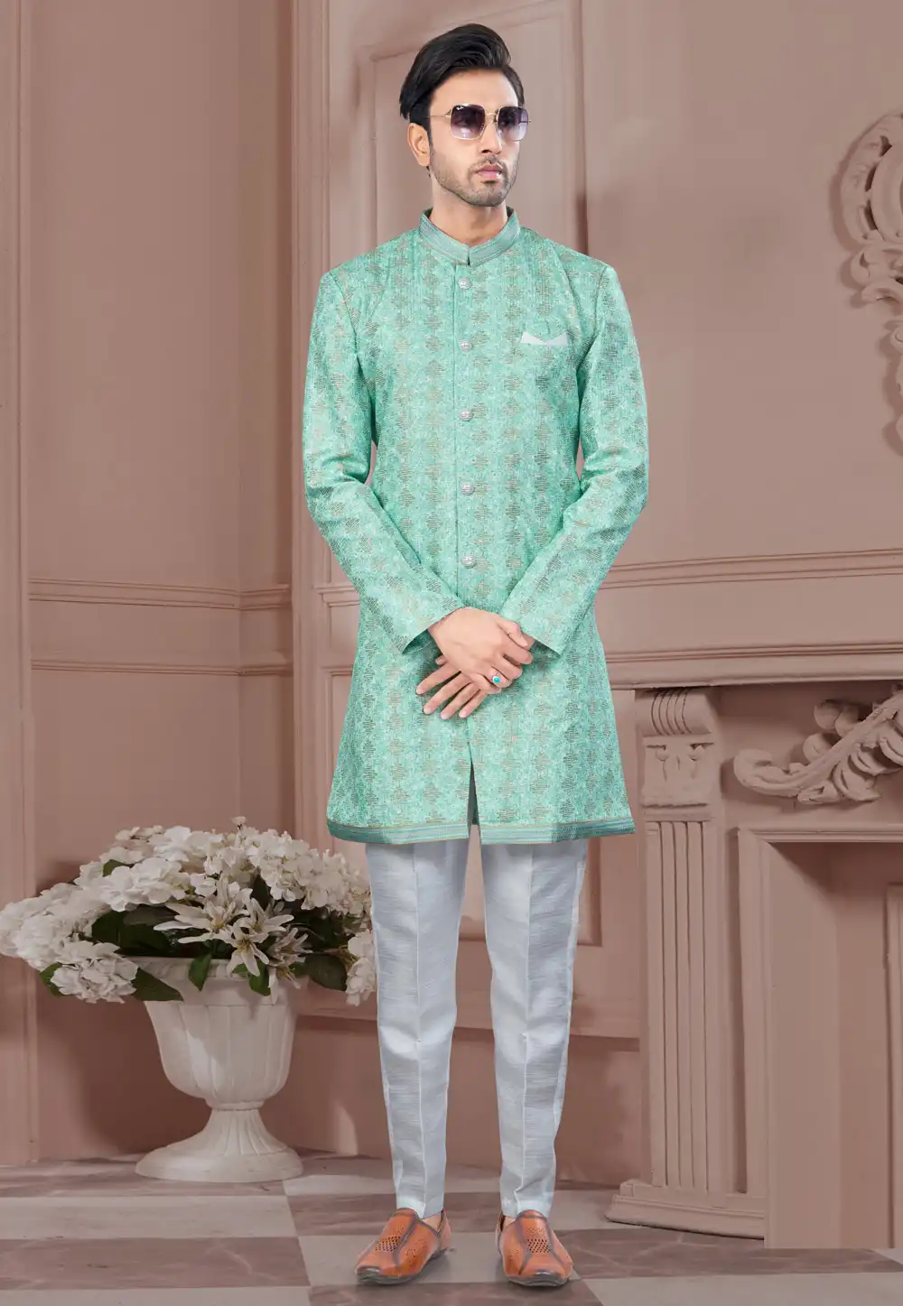 Sea Green Silk Indo Western Suit 294539