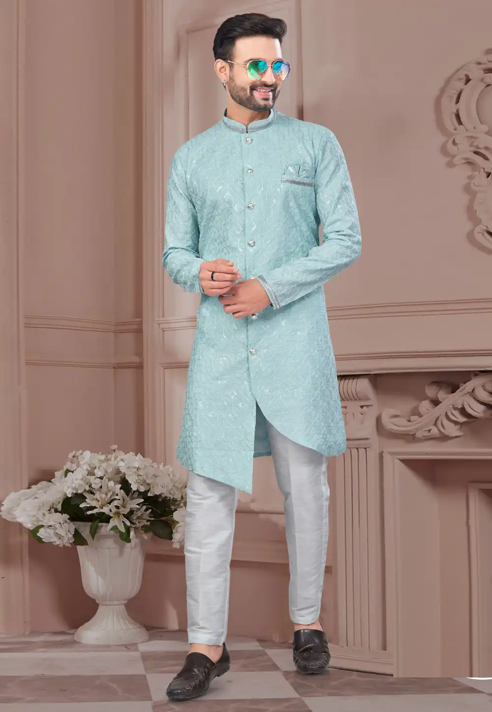 Sea Green Silk Indo Western Suit 294542