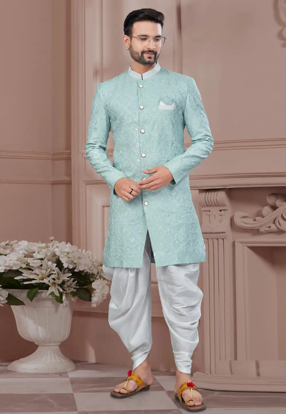 Sea Green Silk Indo Western Suit 294583