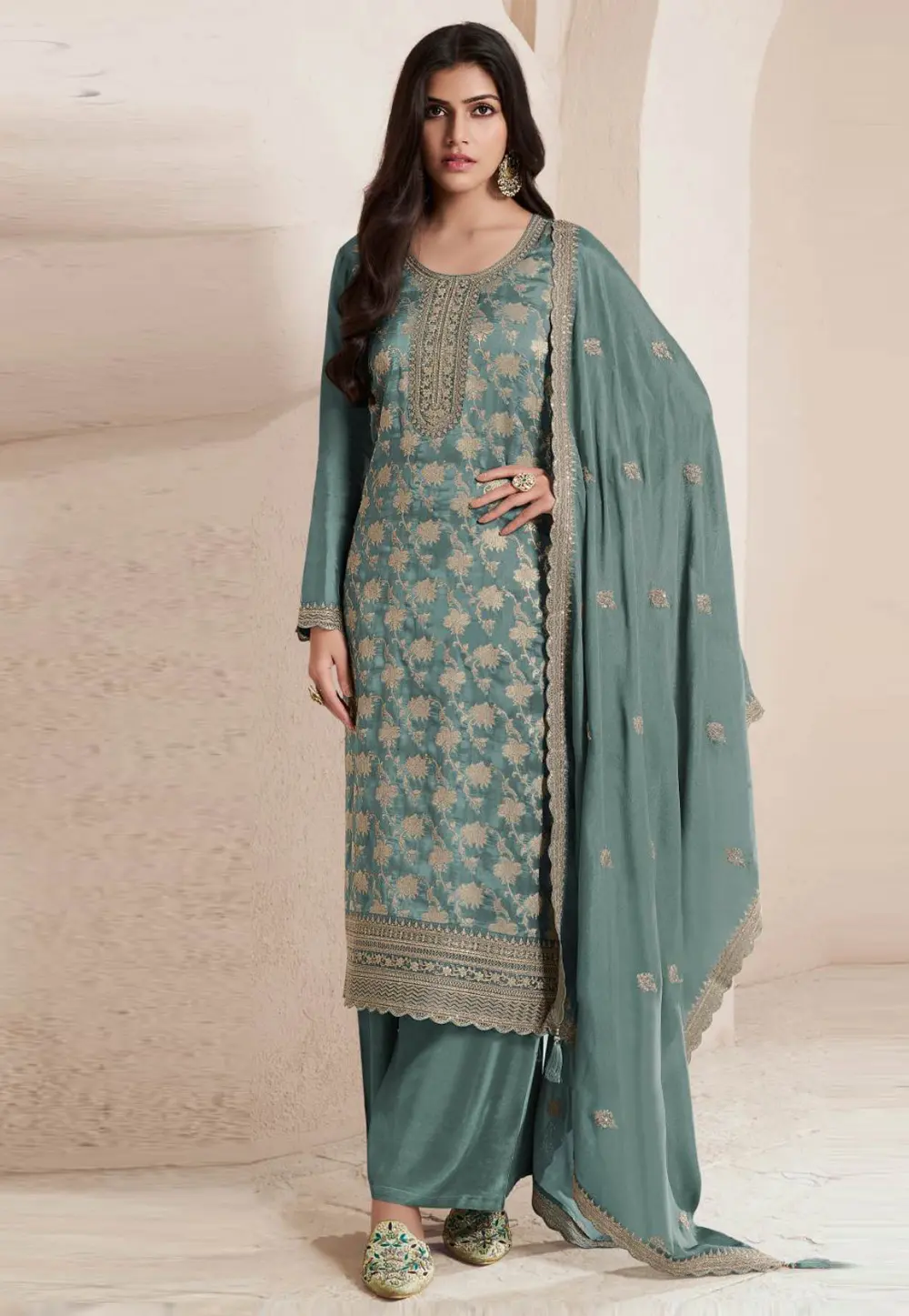 Sea Green Silk Jacquard Palazzo Suit 301088