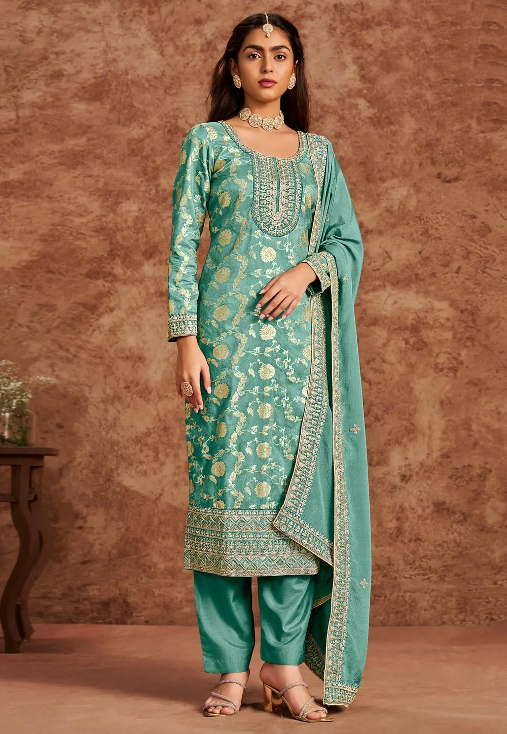 Sea Green Silk Jacquard Pant Style Suit 302729