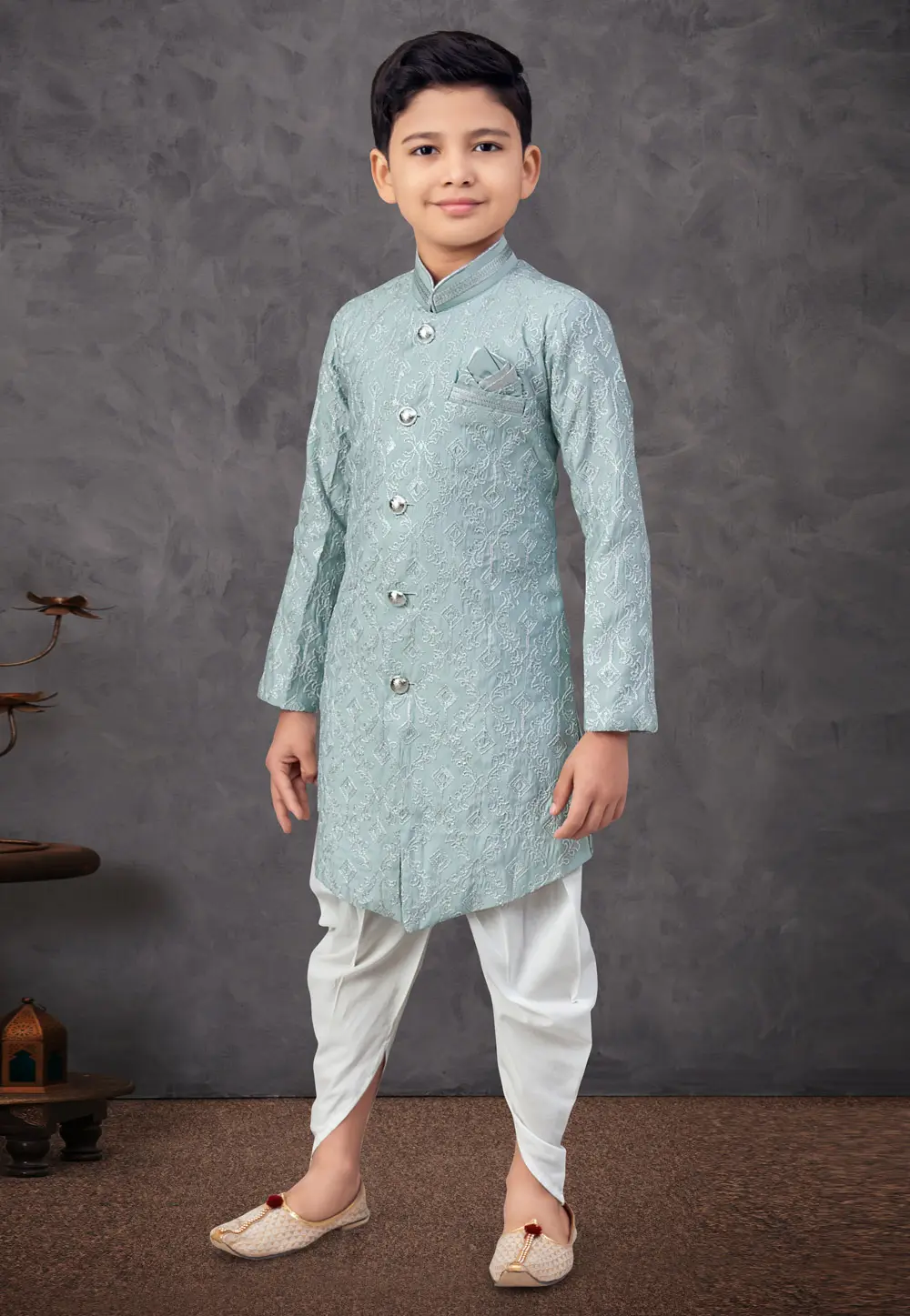 Sea Green Silk Kids Indo Western Sherwani 303793