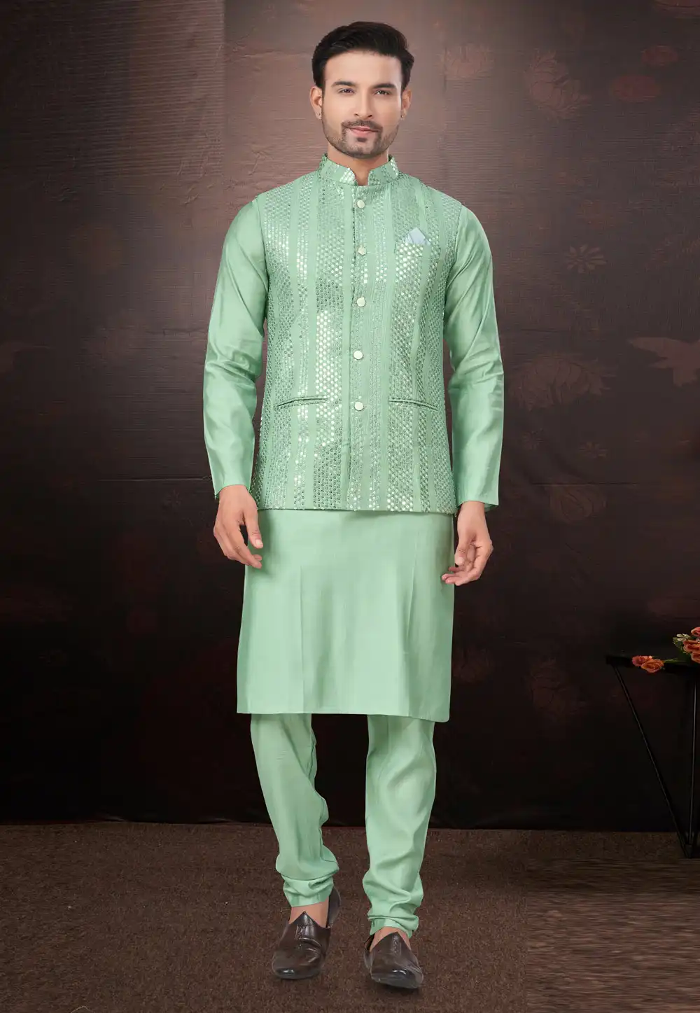 Sea Green Silk Kurta Pajama With Jacket 291310