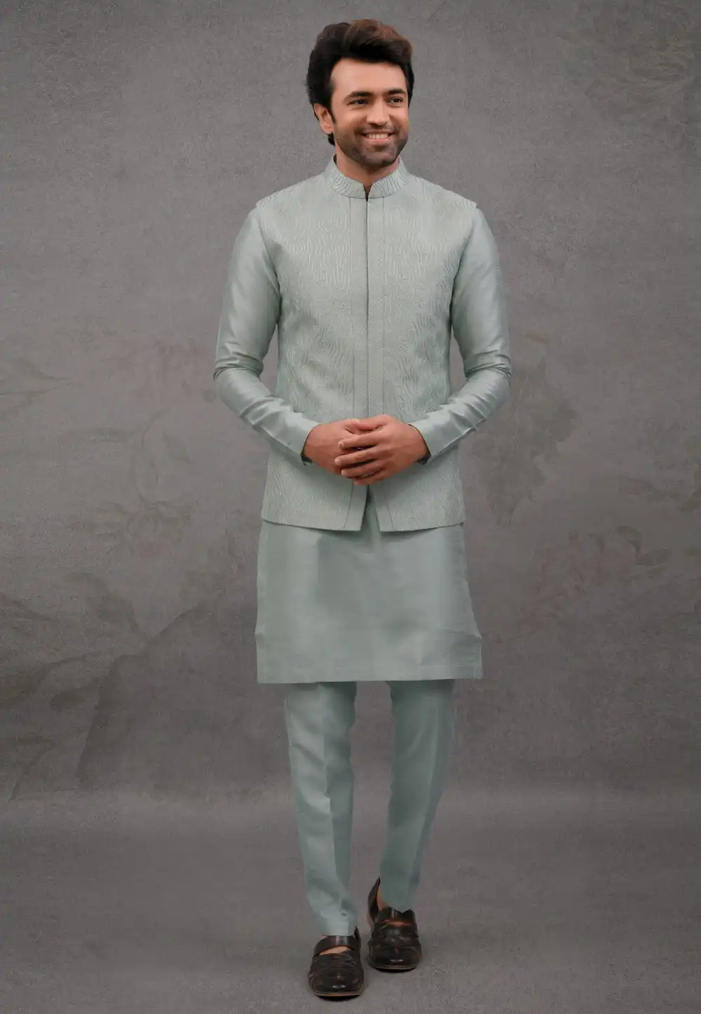 Sea Green Silk Kurta Pajama With Jacket 293927