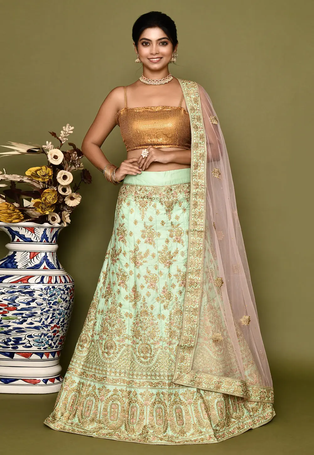 Sea Green Silk Lehenga Choli 295801