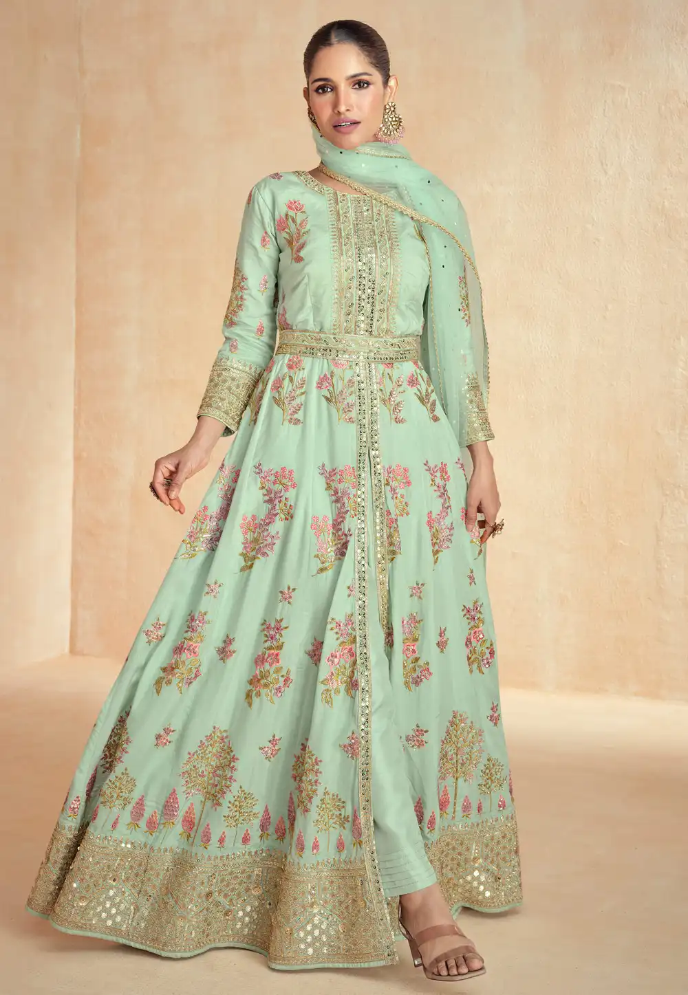 Sea Green Silk Long Anarkali Suit 294711