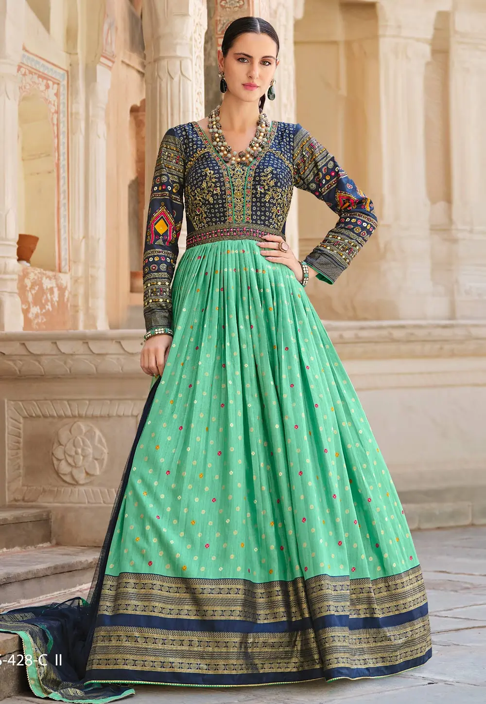 Sea Green Silk Long Anarkali Suit 303544