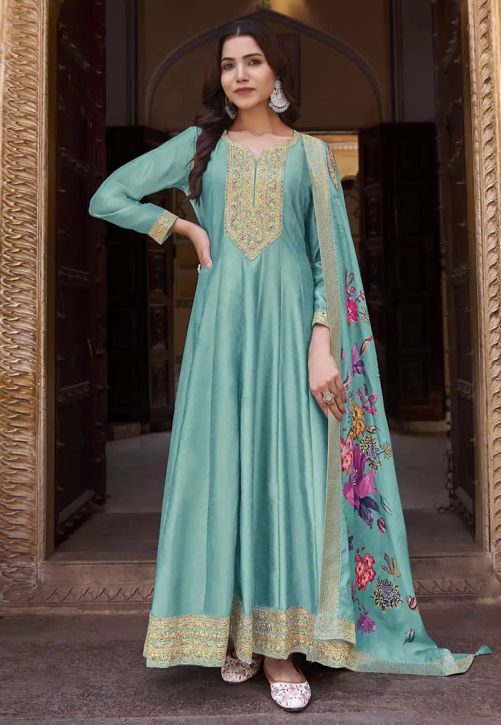 Sea Green Silk Long Anarkali Suit 292878