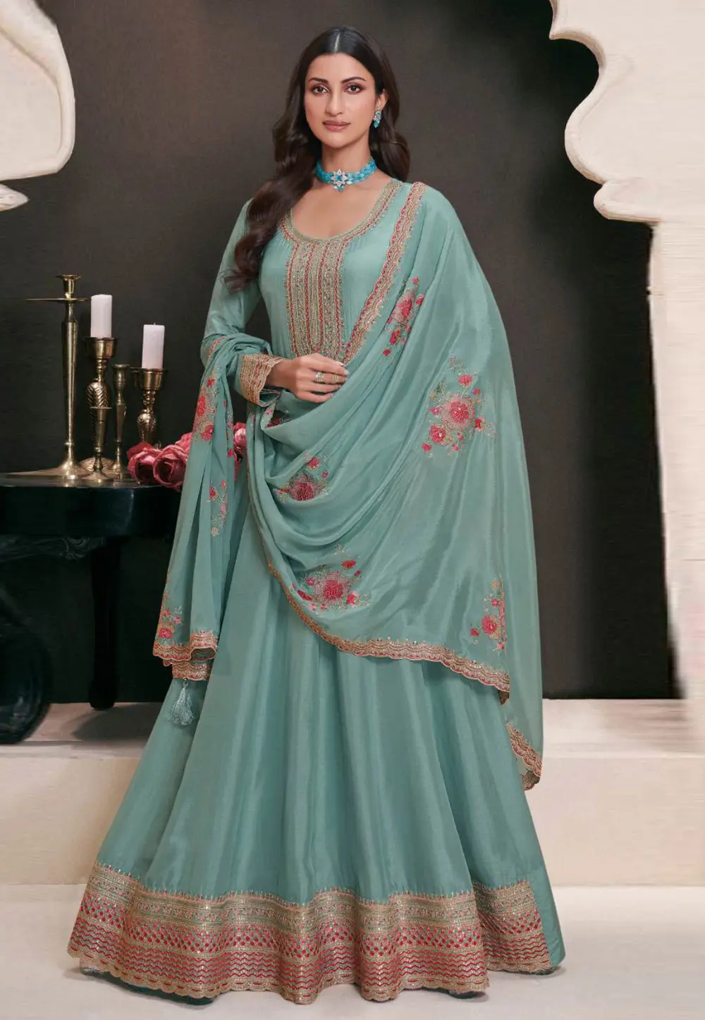 Sea Green Silk Long Anarkali Suit 304636