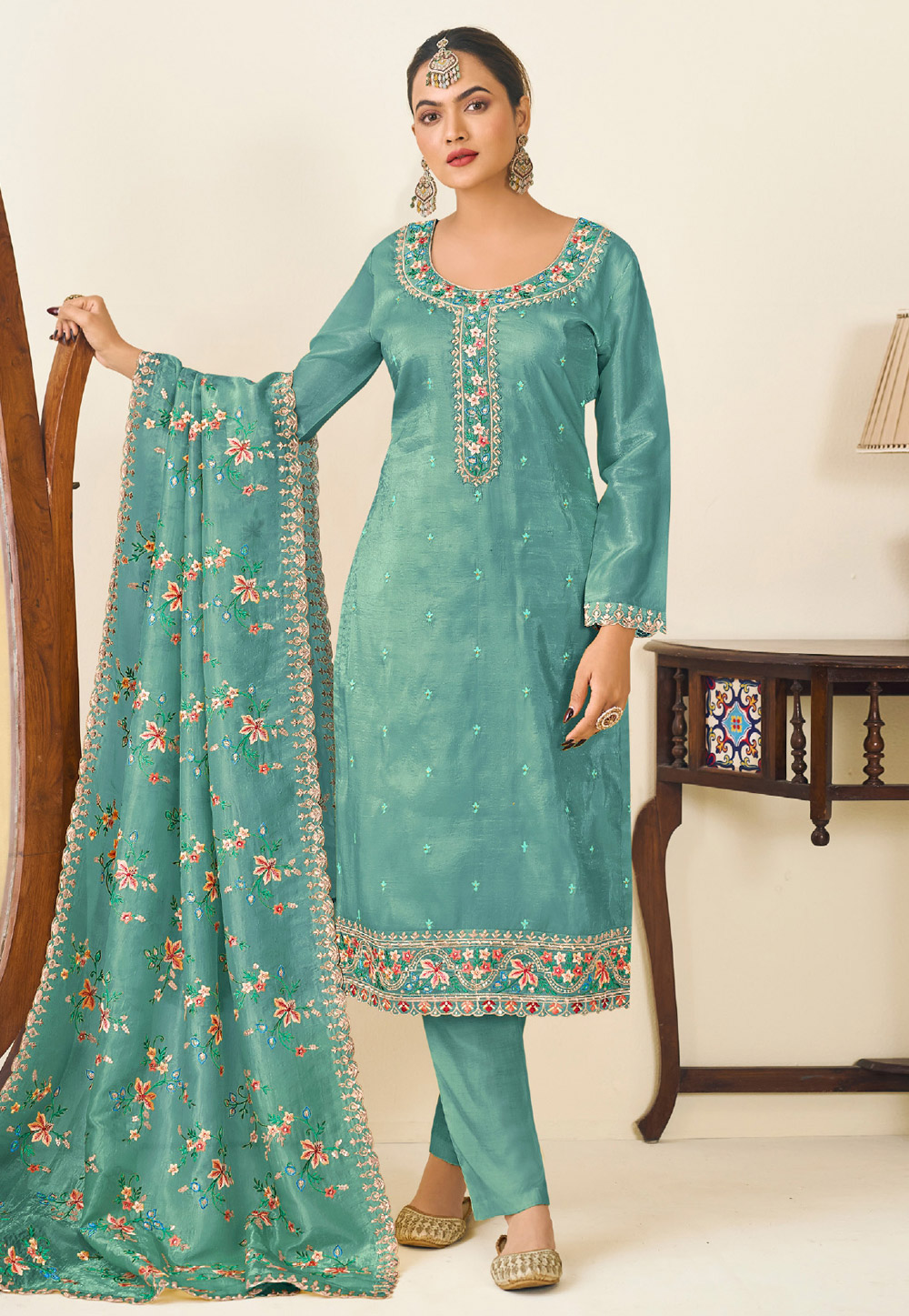 Sea Green Silk Pakistani Suit 309322