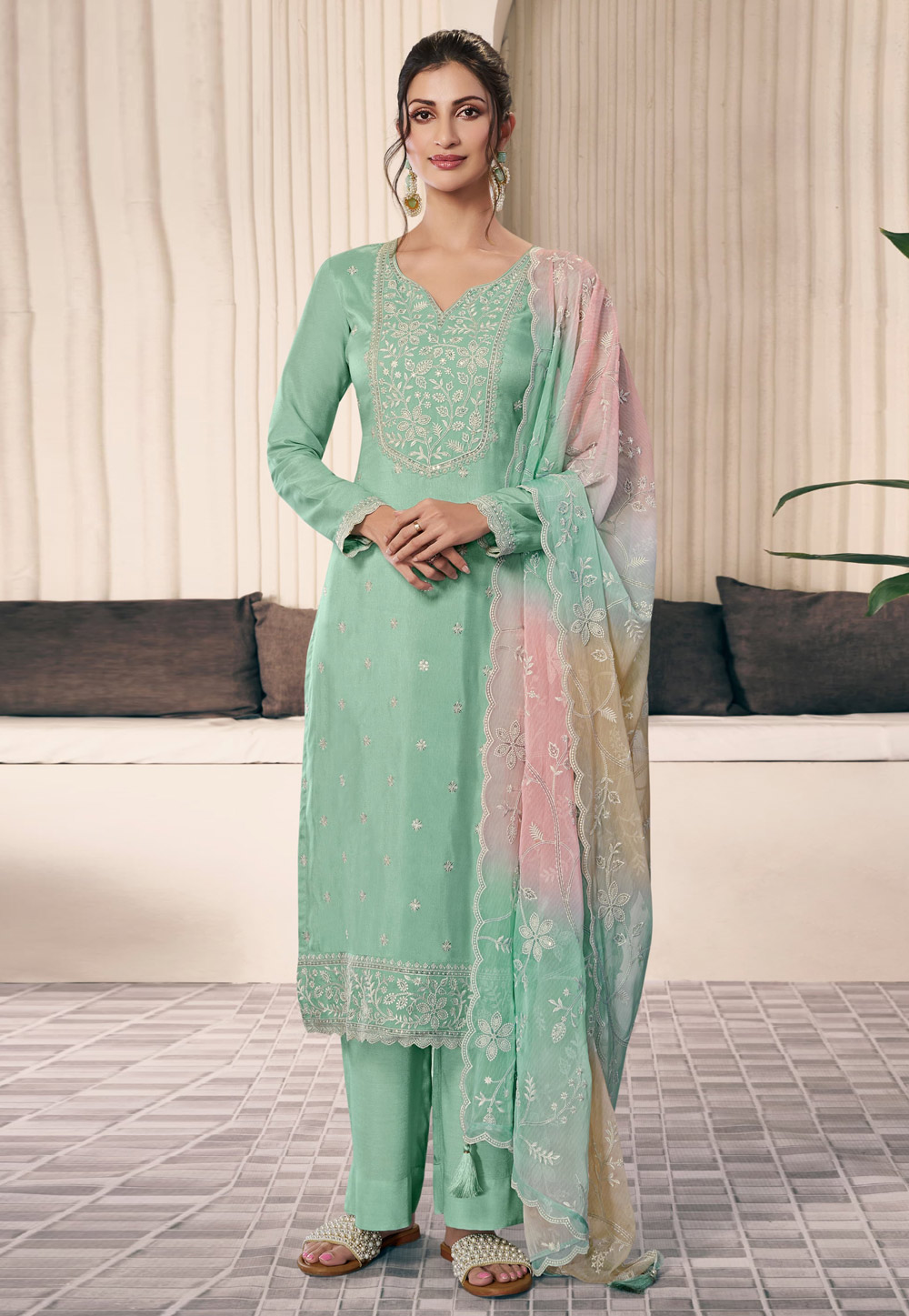 Sea Green Silk Pakistani Suit 309721