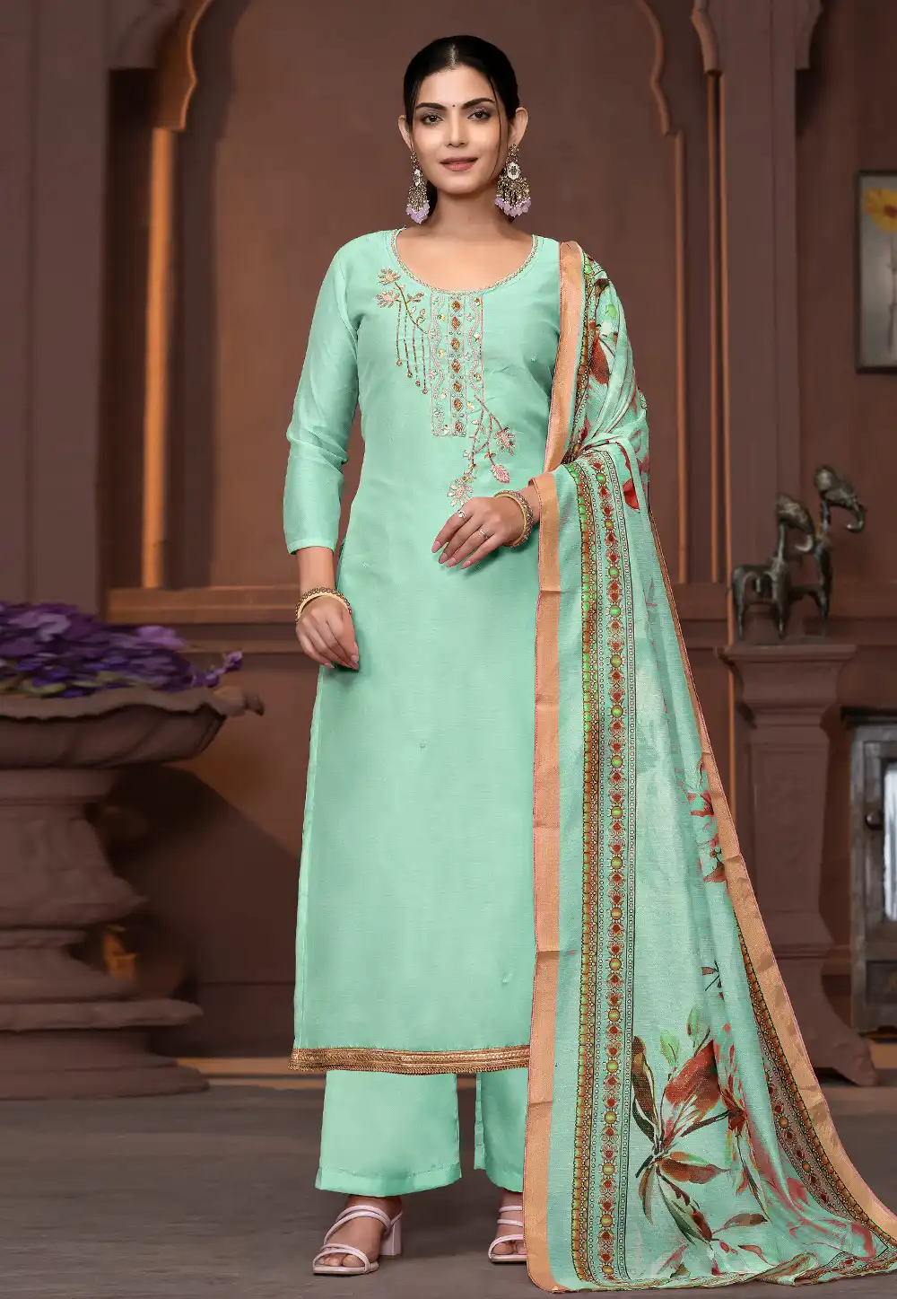 Sea Green Silk Palazzo Suit 294248