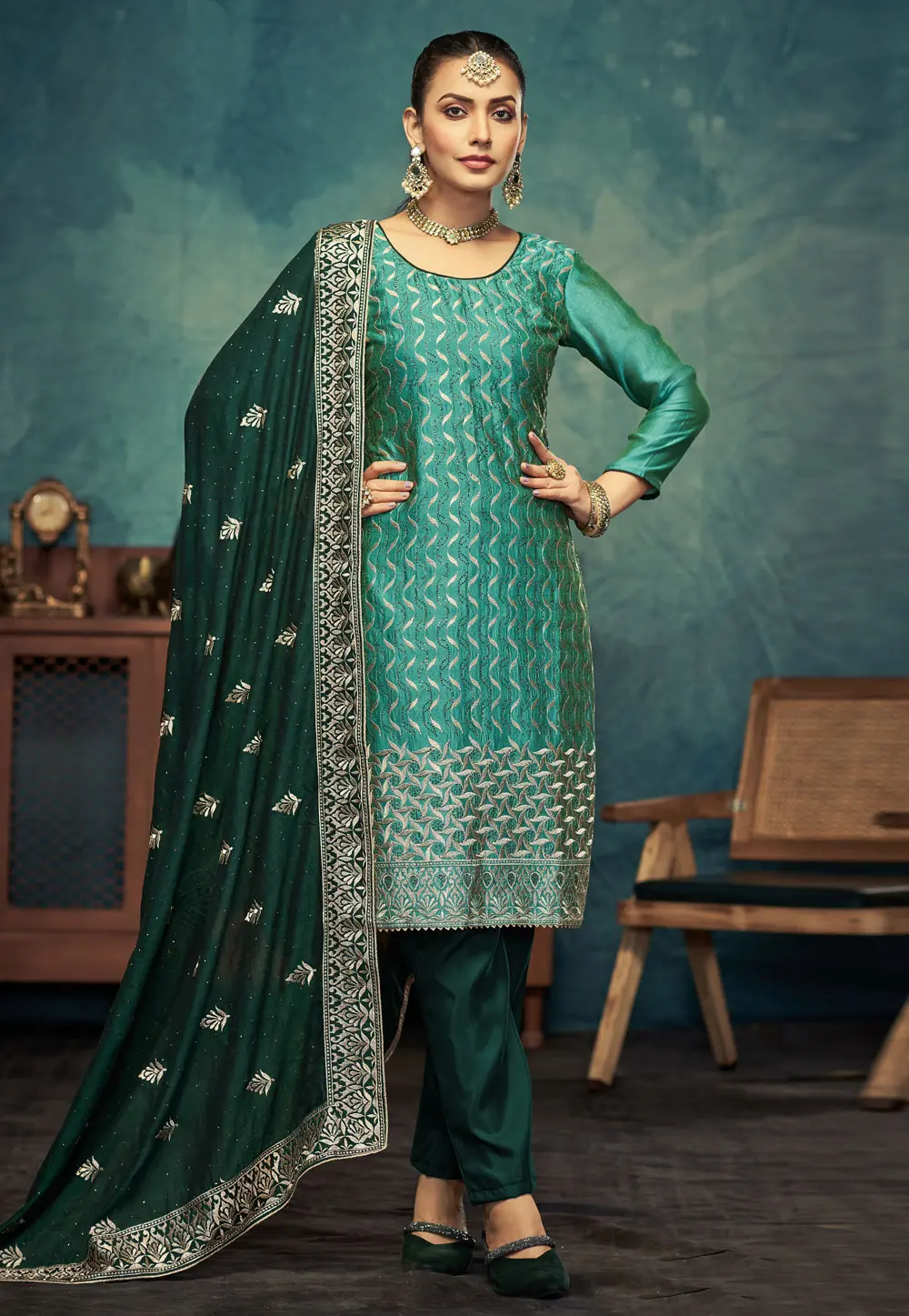 Sea Green Silk Pant Style Suit 300854