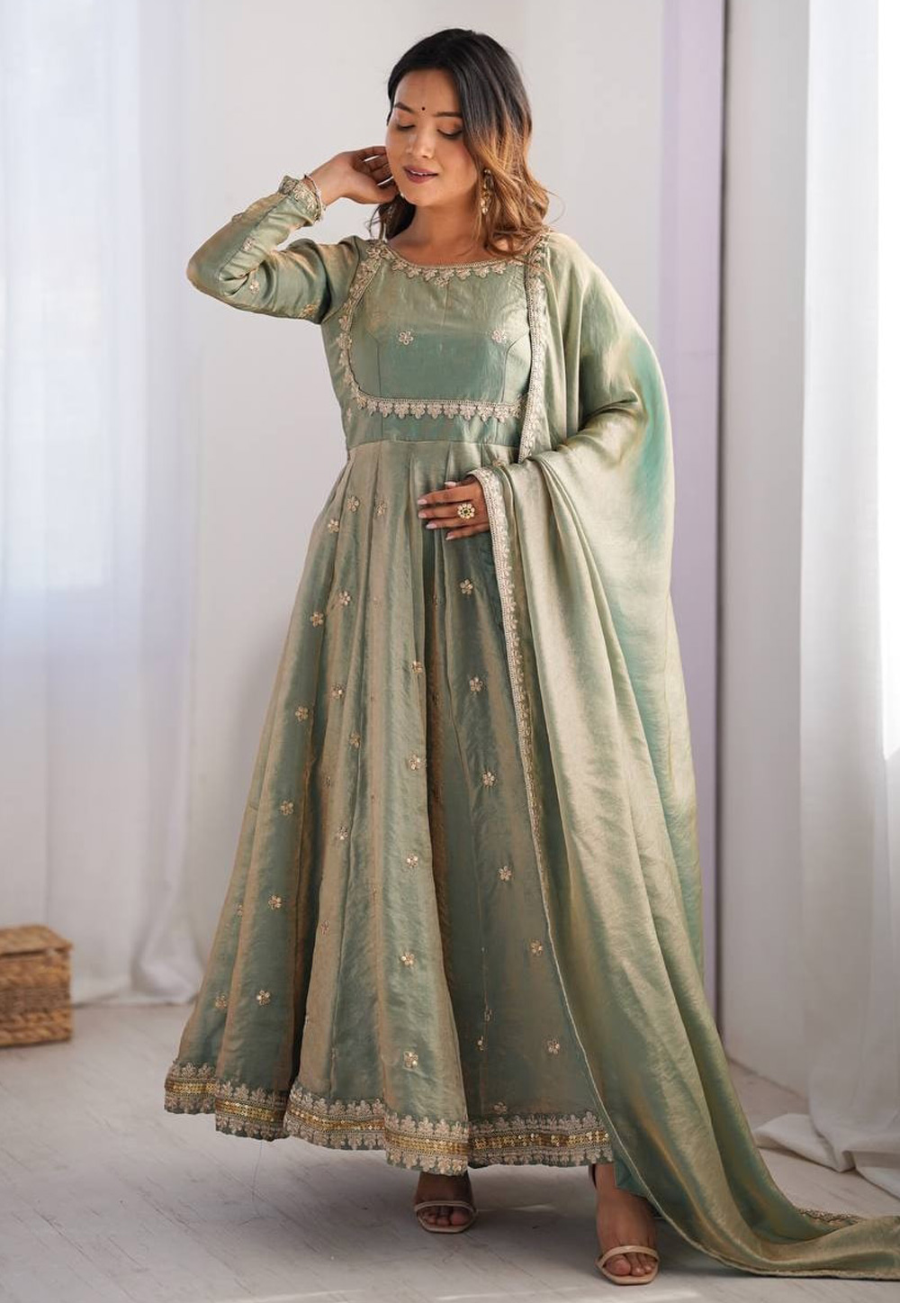 Sea Green Silk Readymade Anarkali Suit 310657