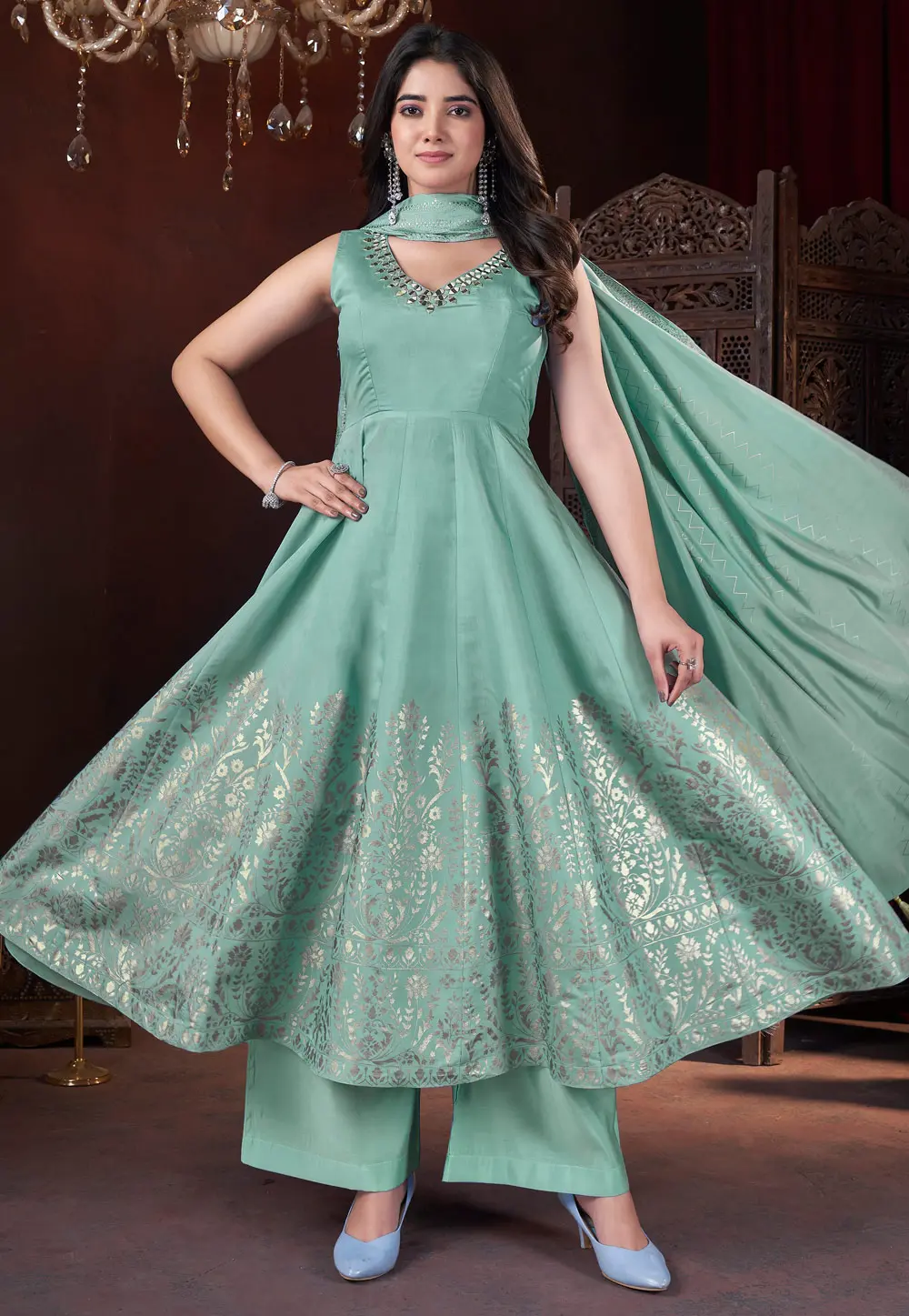 Sea Green Silk Readymade Pakistani Suit 304443