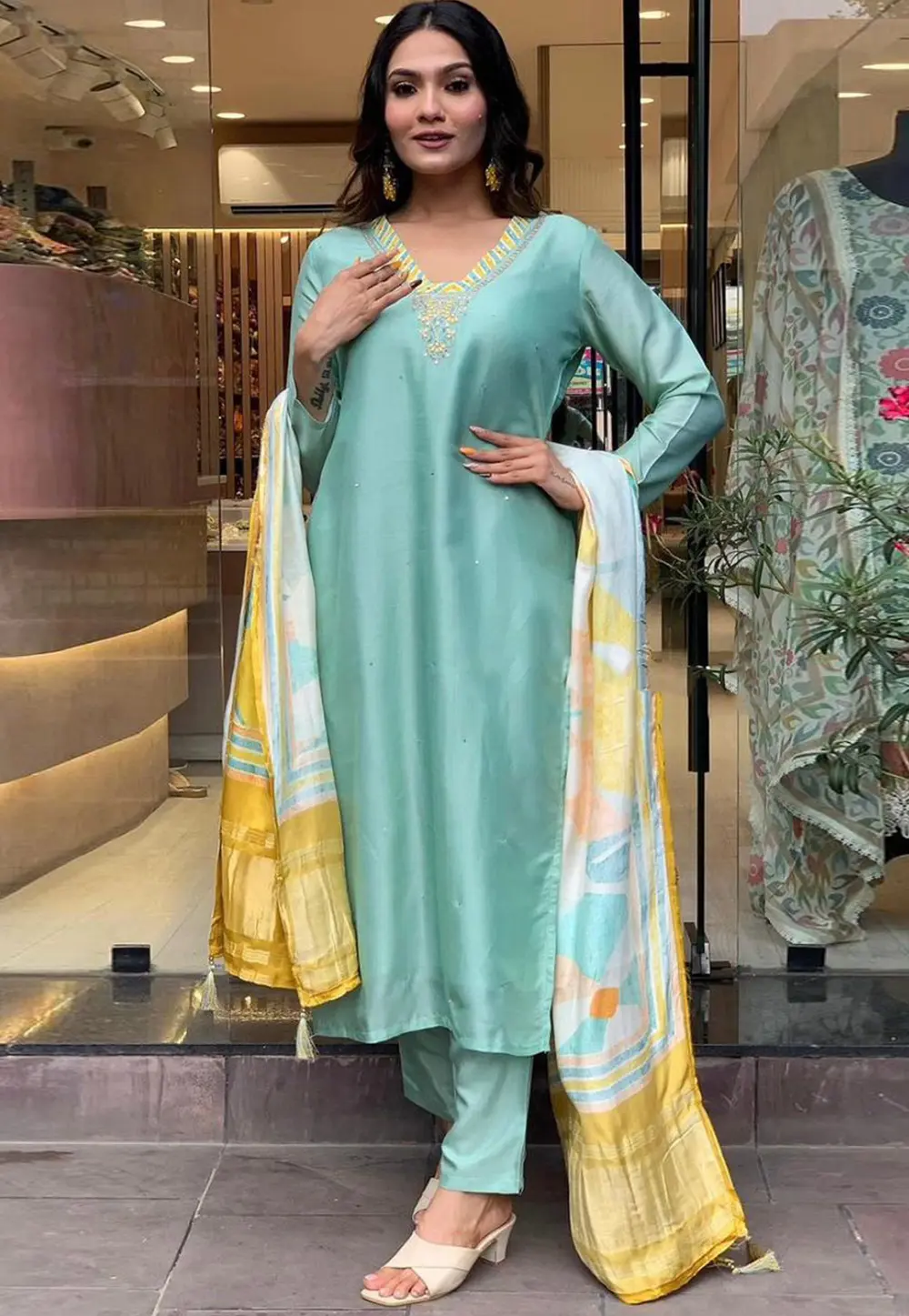 Sea Green Silk Readymade Pakistani Suit 298891