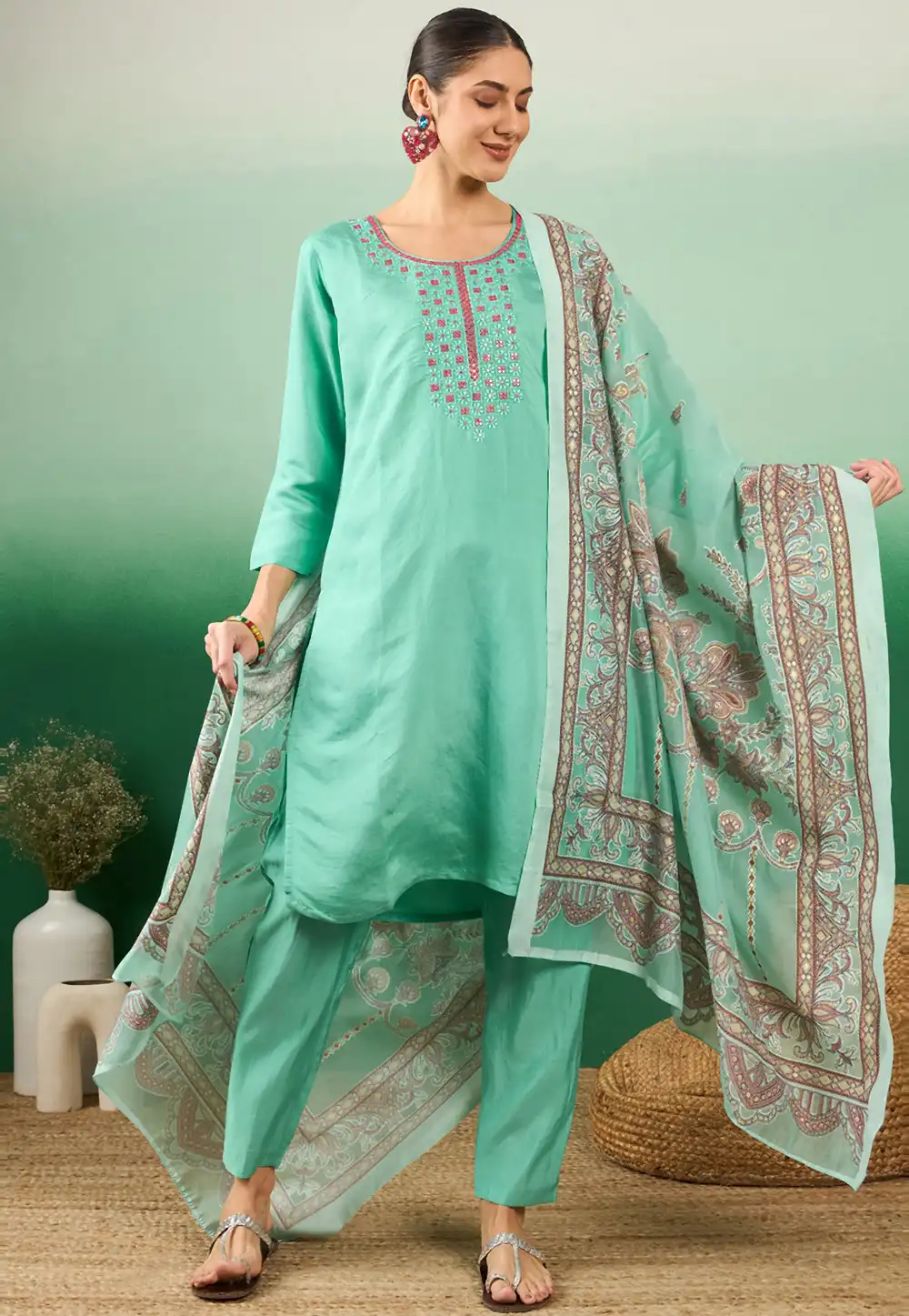 Sea Green Silk Readymade Pakistani Suit 289816