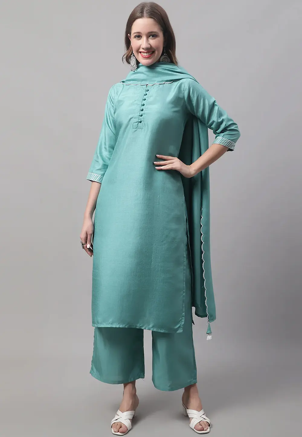 Sea Green Silk Readymade Palazzo Suit 298149