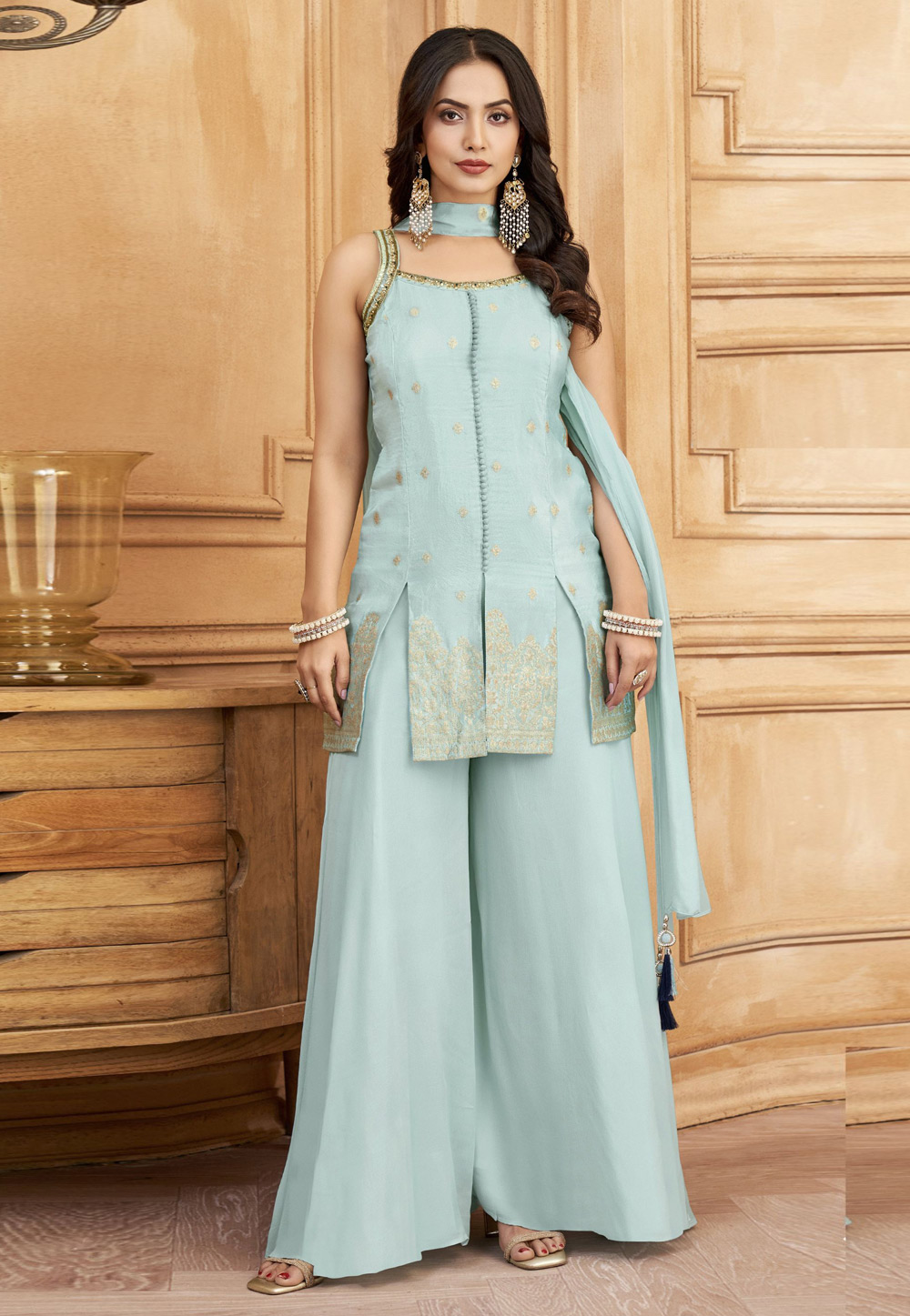 Sea Green Silk Readymade Palazzo Suit 310877
