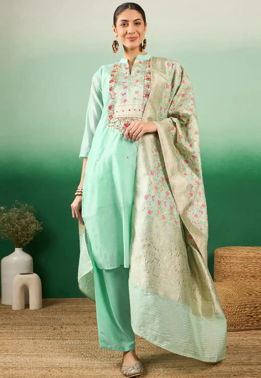 Sea Green Silk Readymade Palazzo Suit 289817