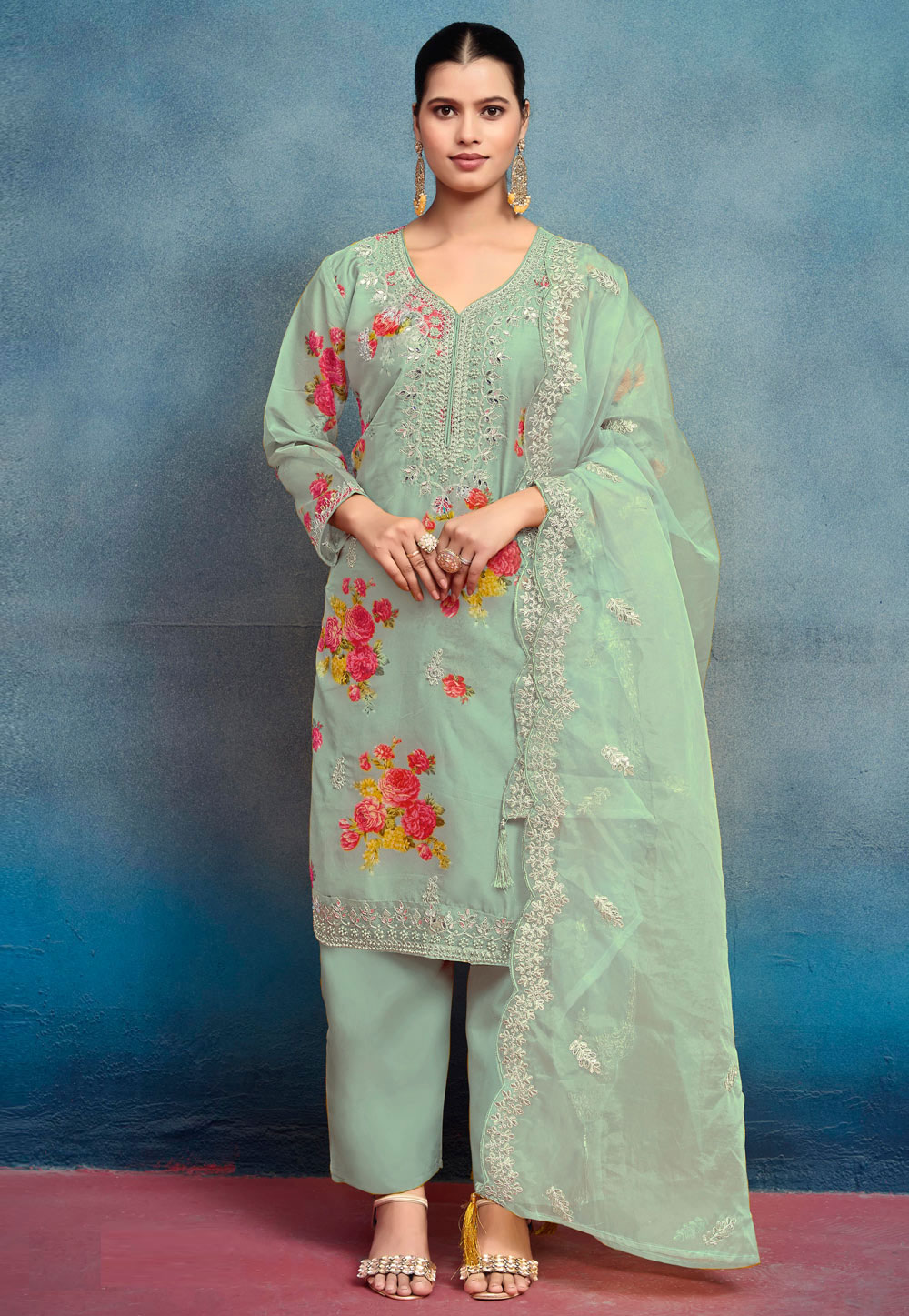 Sea Green Silk Readymade Pant Style Suit 309731