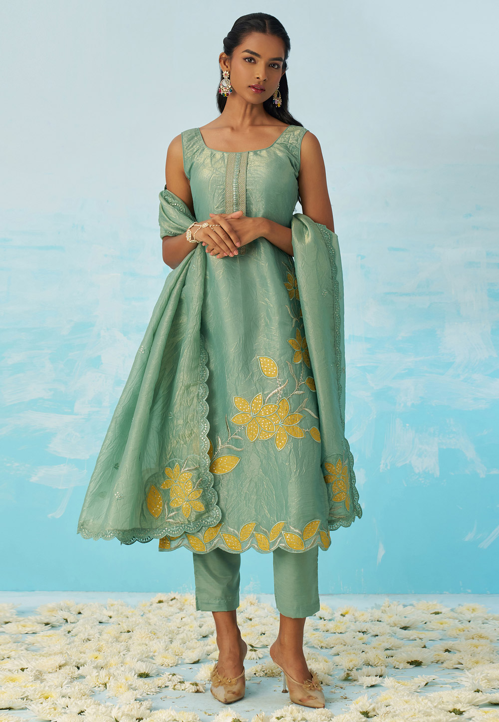 Sea Green Silk Readymade Pant Style Suit 309220