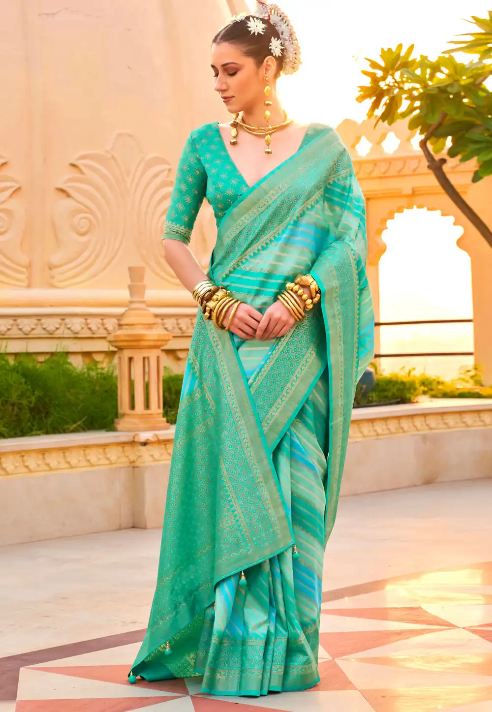 Sea Green Silk Saree With Blouse 291363