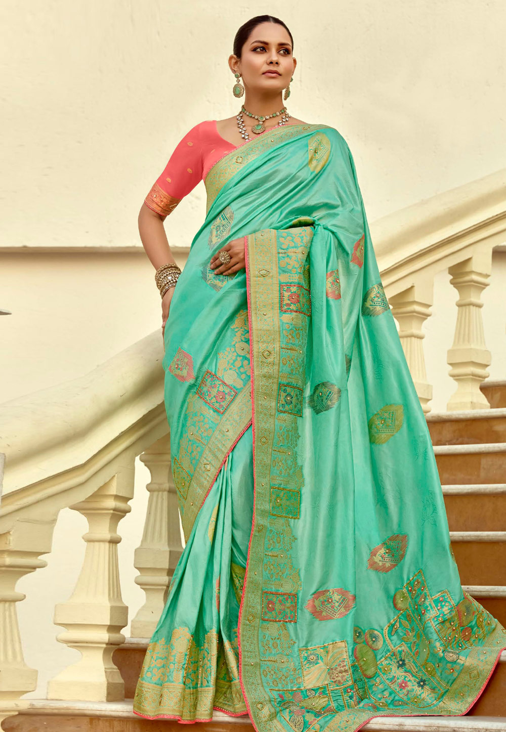 Sea Green Silk Saree With Blouse 309102