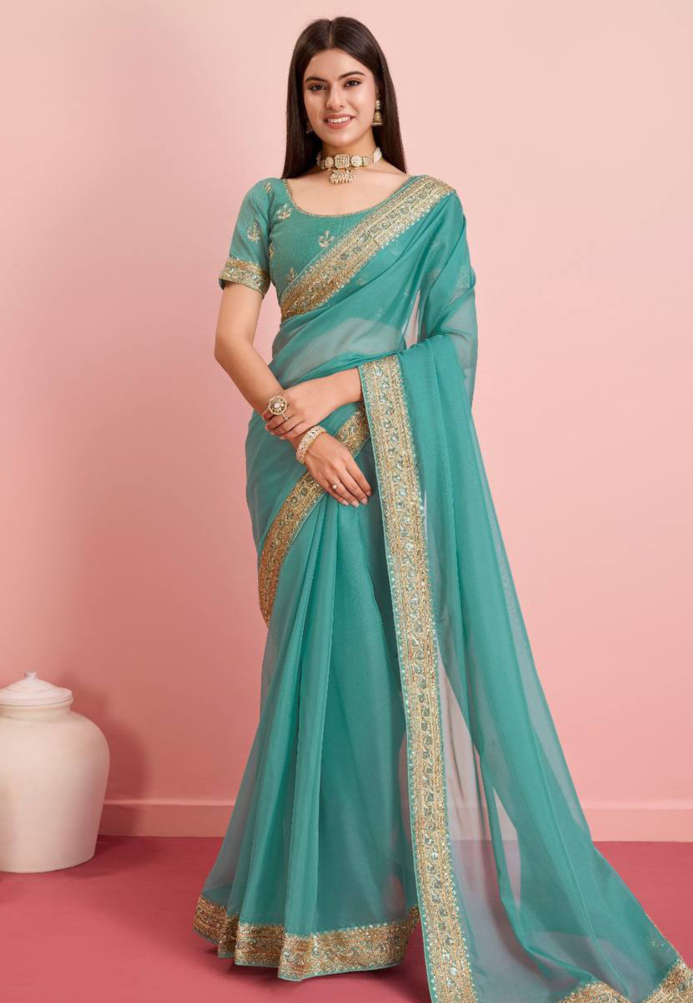 Sea Green Silk Saree With Blouse 286311